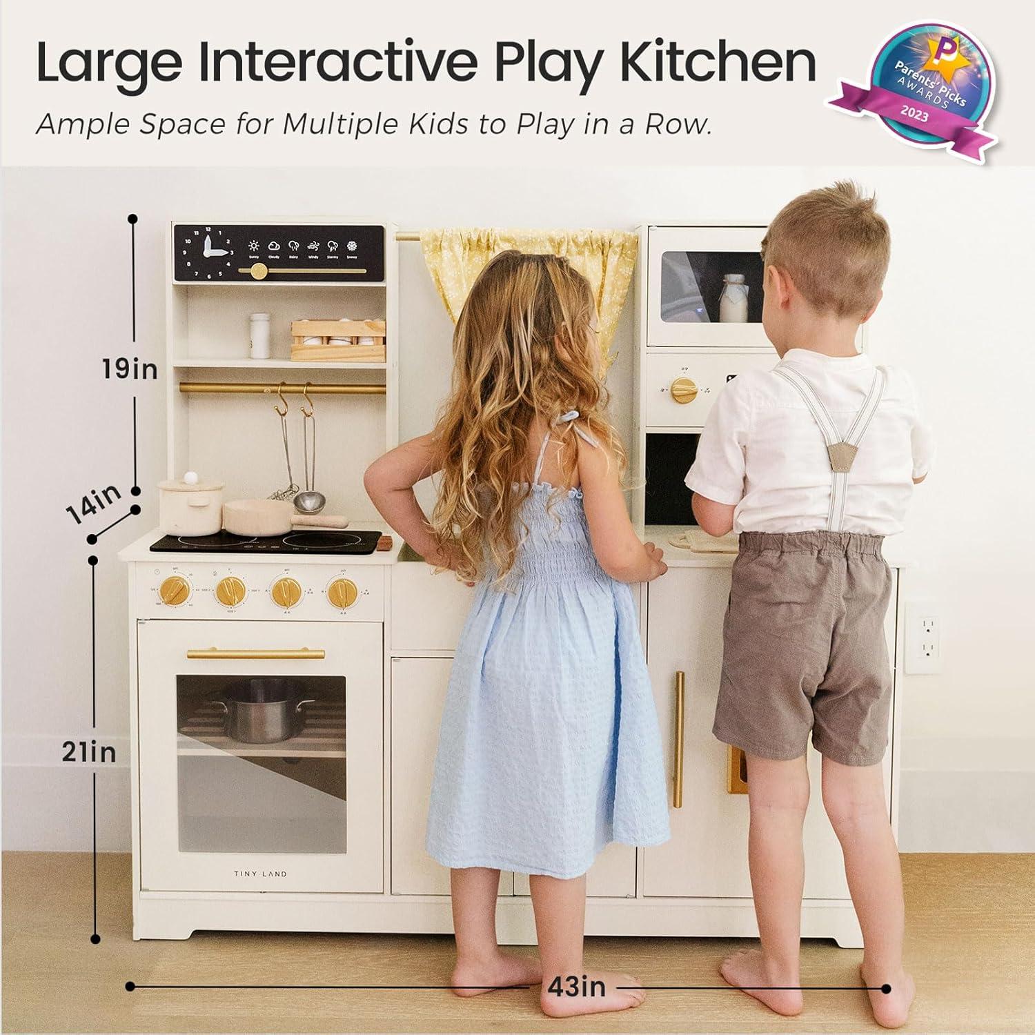 Tiny Land Wooden Play Kitchen Set for Kids, Home Style Design with Curtains, Ideal for Ages 3+ (White)