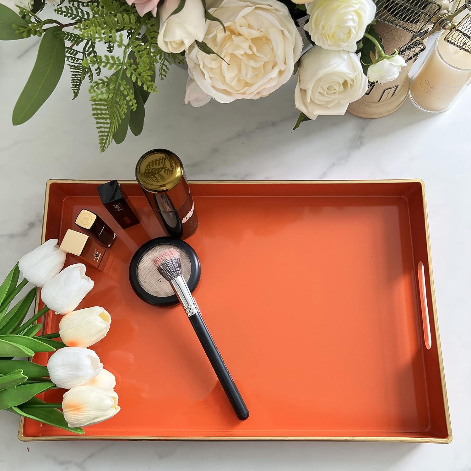 MAONAME Decorative Tray, Orange Serving Tray with Handles, Coffee Table Tray, Square Plastic Tray for Ottoman, Bathroom, Kitchen, 13"x13"x1.57"