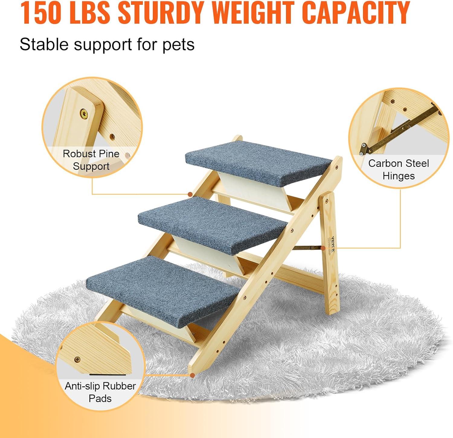 VEVOR Wood Pet Stairs/Pet Steps, 2-in-1 Foldable Wooden Dog Stair for Beds, Sofa and Cars, Dog Stairs  Ramp with 3 Steps for Small Medium Large Pet, up to 150 lbs