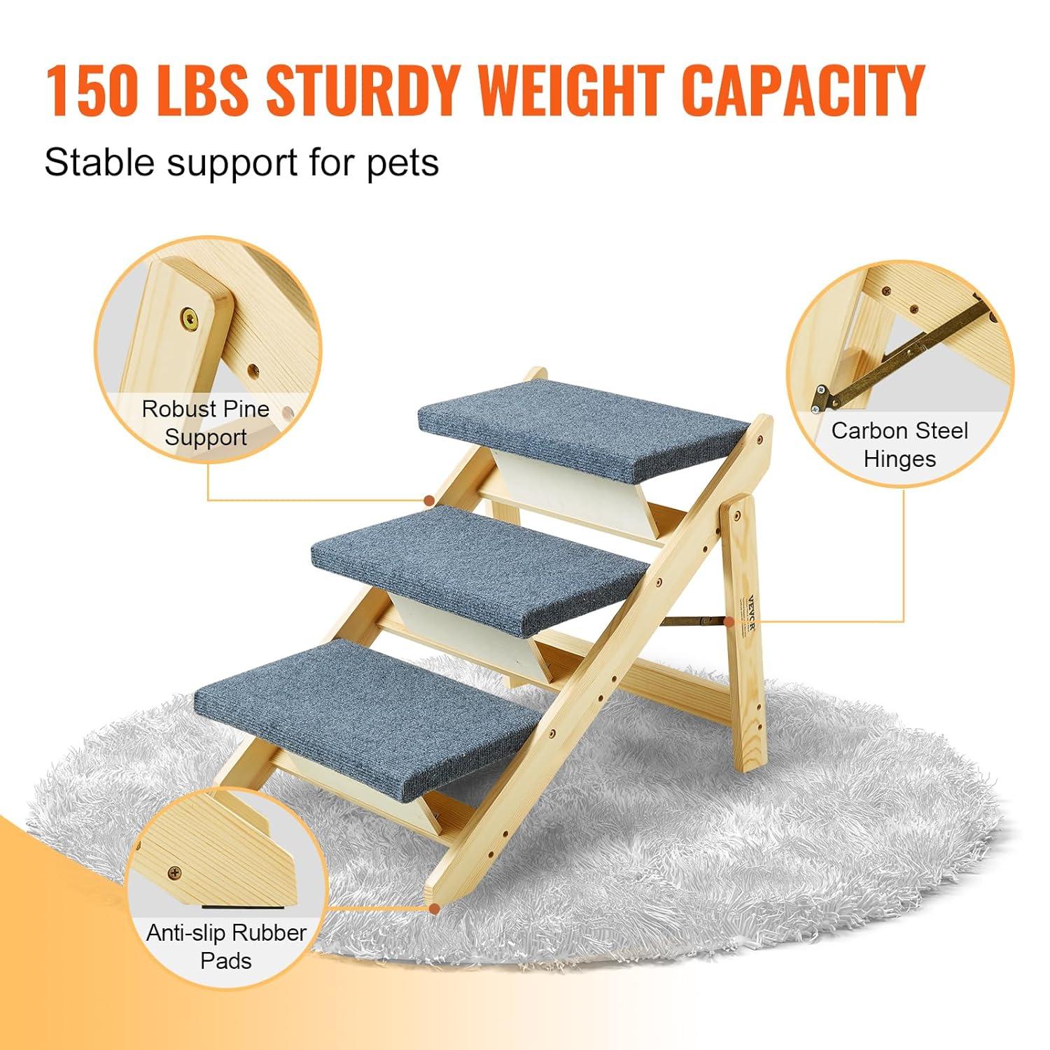 VEVOR Wood Pet Stairs/Pet Steps, 2-in-1 Foldable Wooden Dog Stair for Beds, Sofa and Cars, Dog Stairs  Ramp with 3 Steps for Small Medium Large Pet, up to 150 lbs