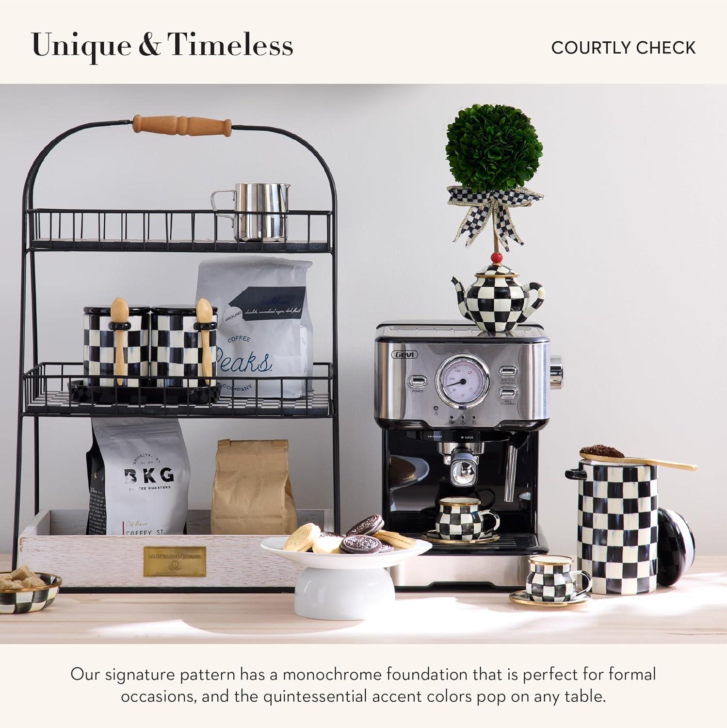 Black and White Ceramic Checkered Canister Set with Wooden Spoons