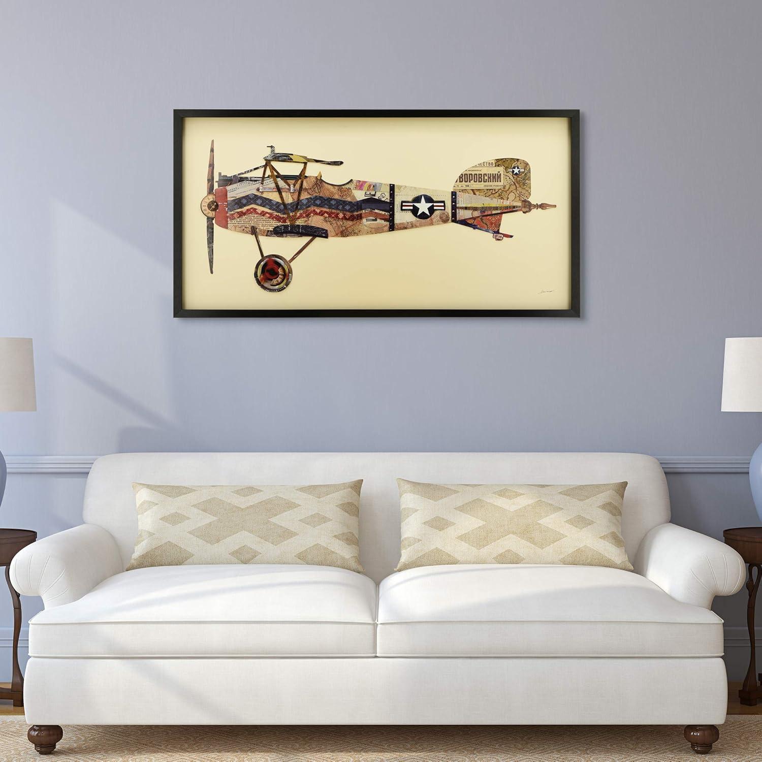 Antique Biplane Collage Art on Canvas with Black Frame