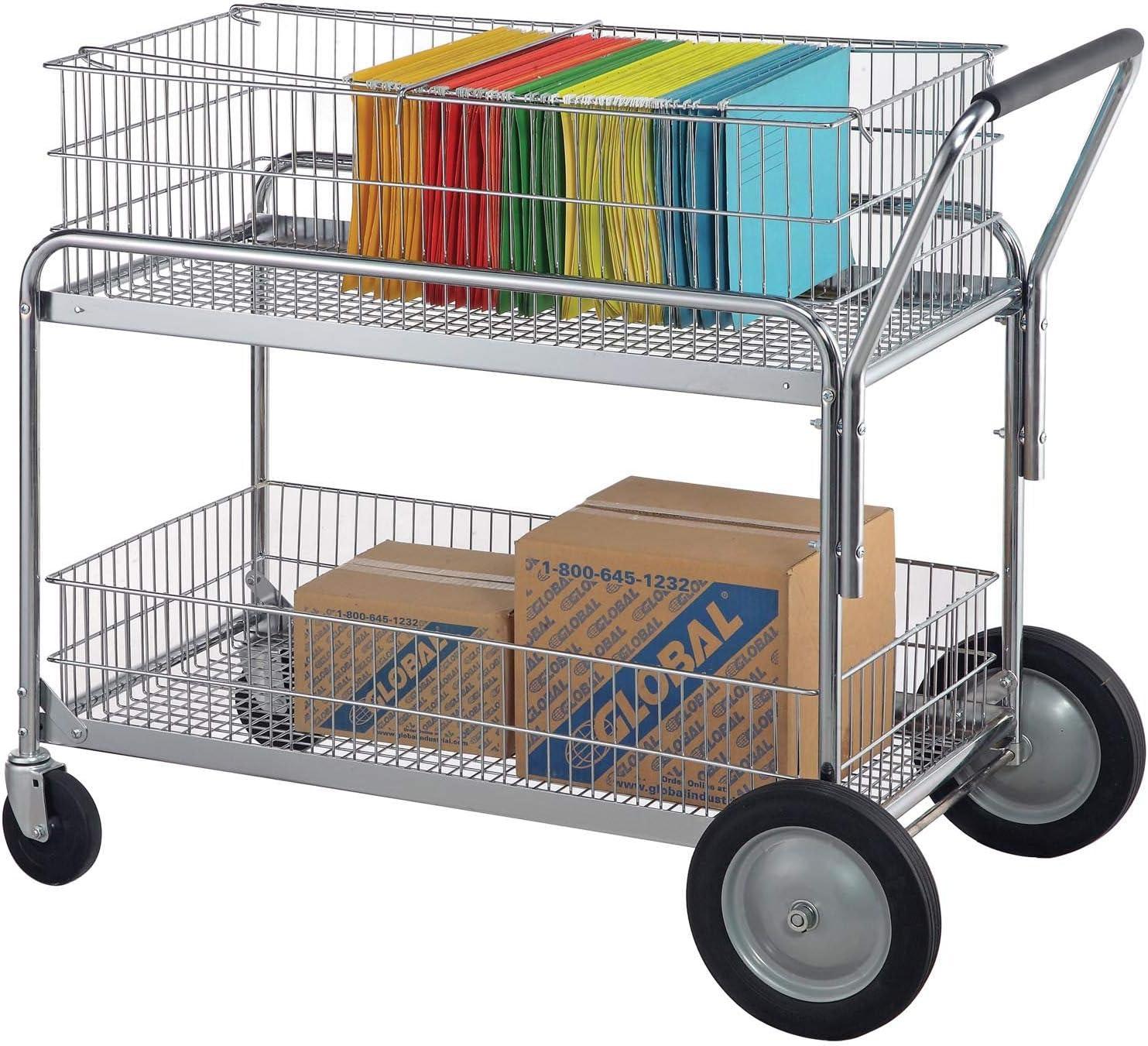 Chrome-Plated 2-Shelf Wire Mail and File Cart with Wheels