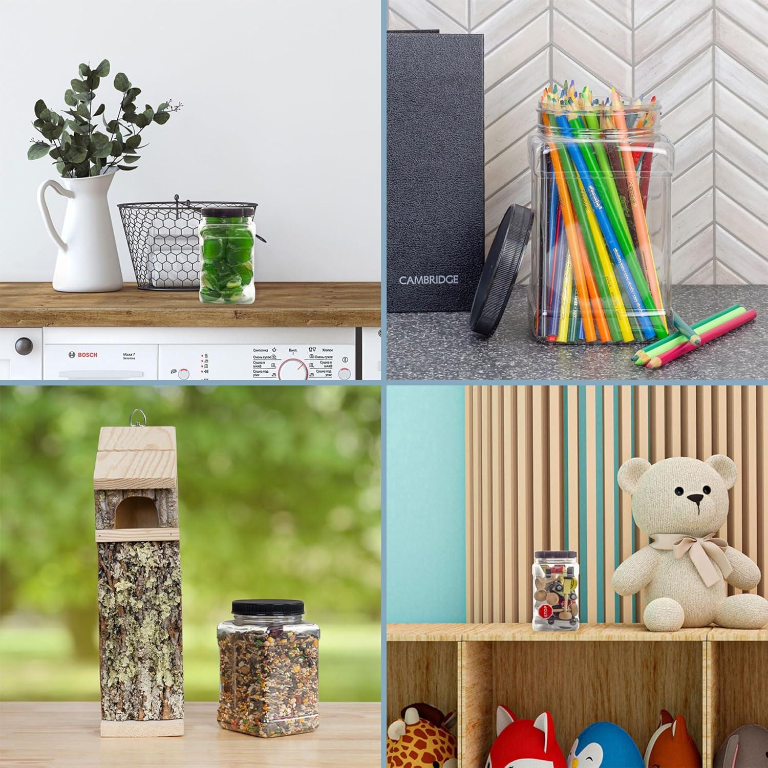 Cornucopia Brands 48oz Square Plastic Jars 3pk; Clear Rectangular 6-Cup Canisters w/ Black Lids, Easy-Grip Side