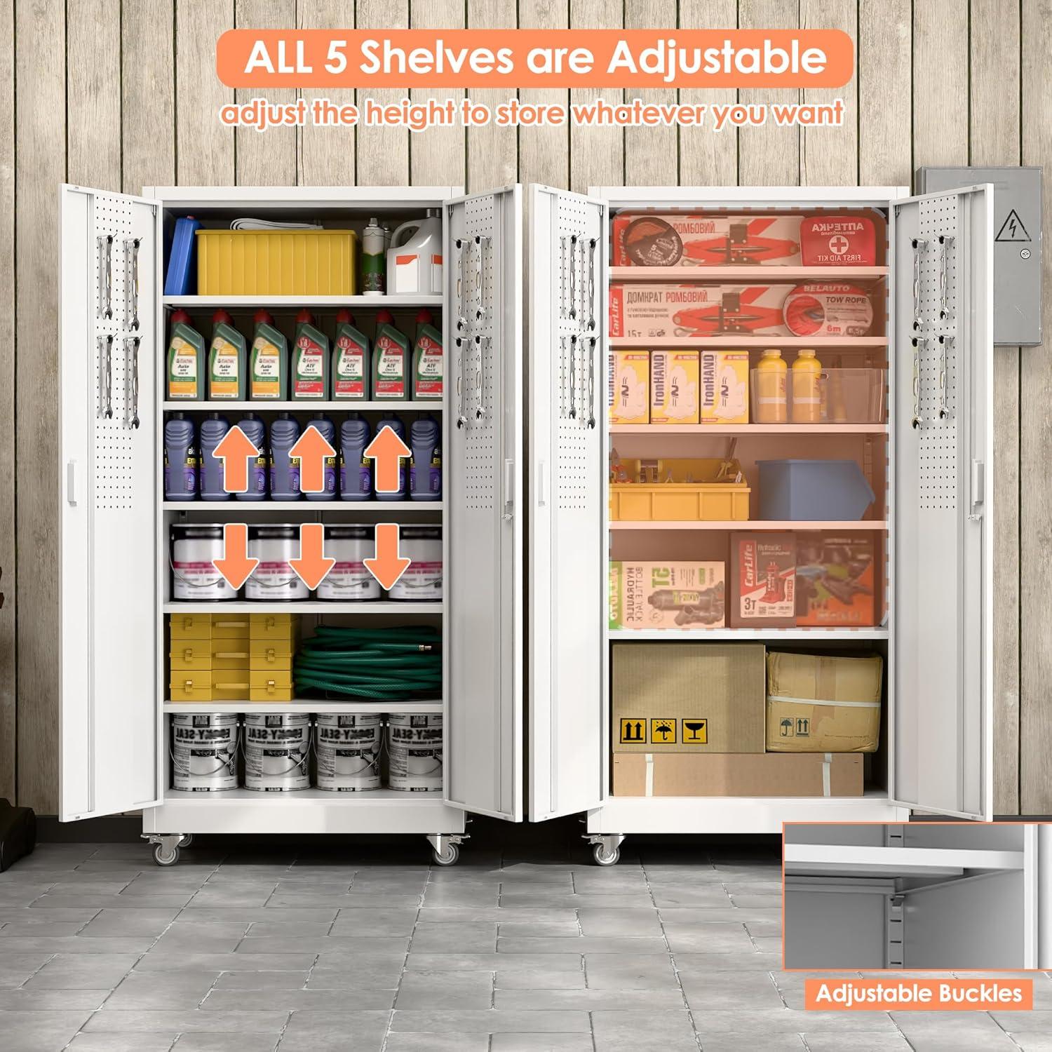 AOBABO 72 Inch Locking Metal Garage Home Office Storage Cabinet with Universal Rubber Wheels/Lockable Casters and Magnetic Doors, White