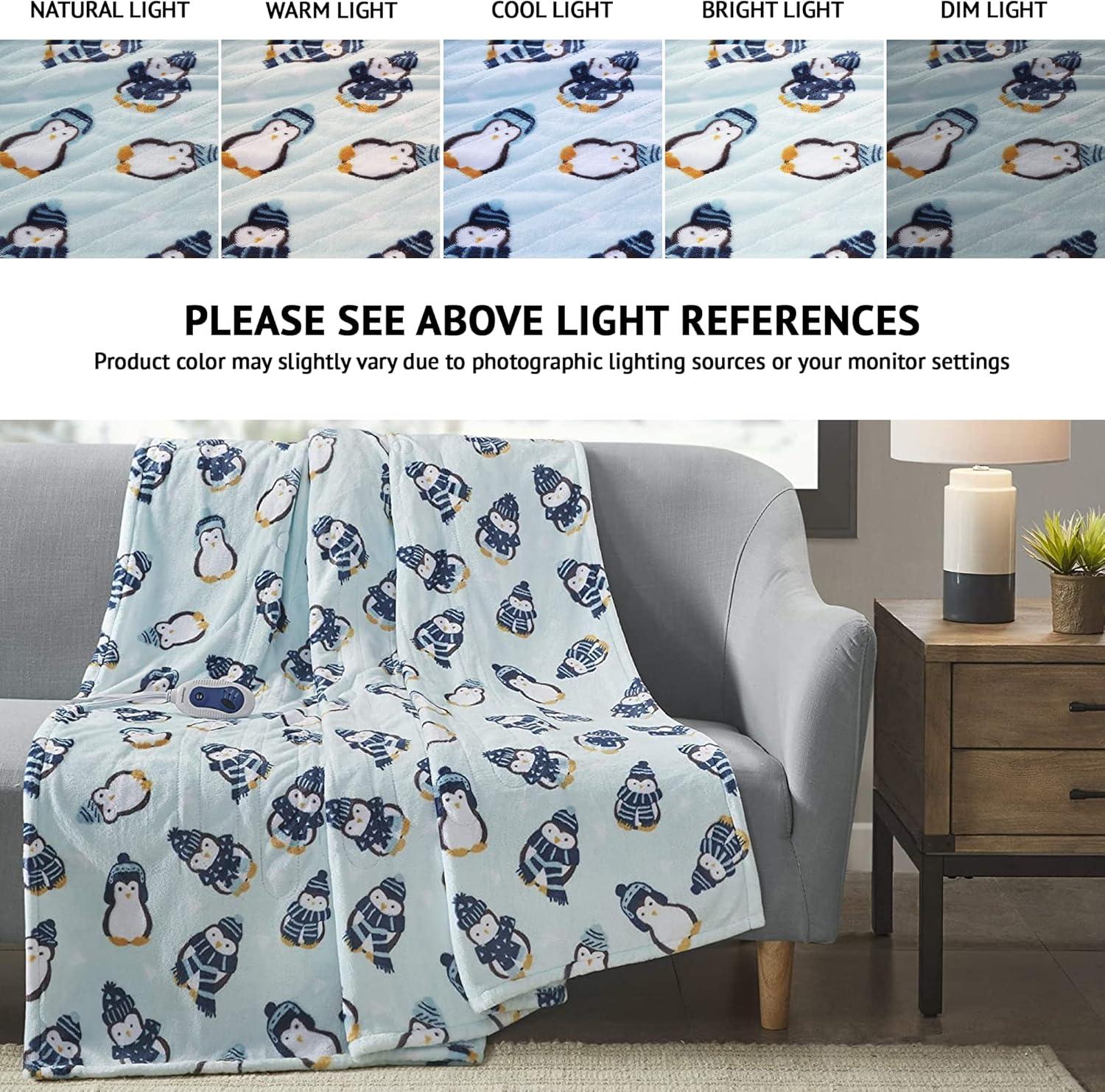 Aqua Penguins Oversized Plush Electric Heated Throw Blanket