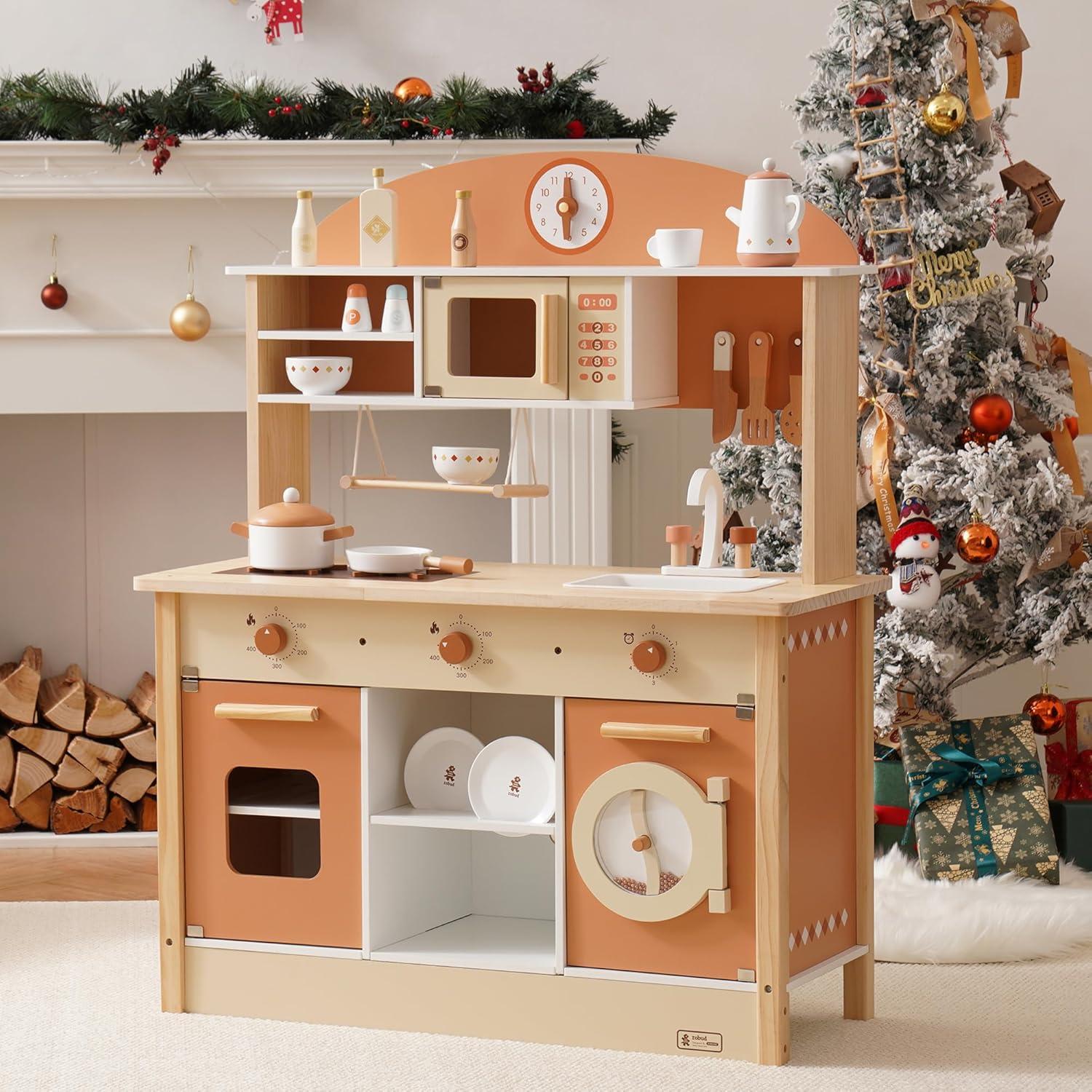 ROBUD Solid Wood Play Kitchen & Accessories Set, Preschool Kitchen Set, Kids Kitchen Playset