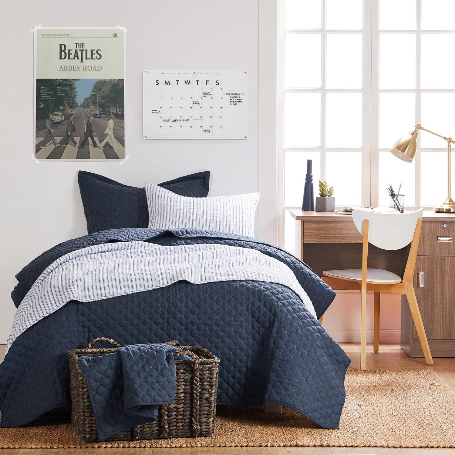 Tobago Stripe Blue Quilt Set - One Full/Queen Quilt and Two Standard Shams - Levtex Home