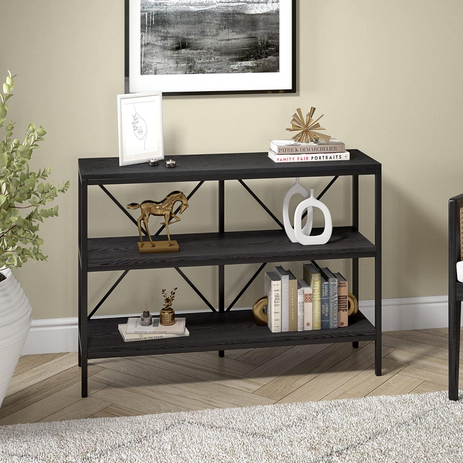 Evelyn&Zoe Kira 64" Wide Rectangular Console Table, Blackened Bronze/Antiqued Gray Oak