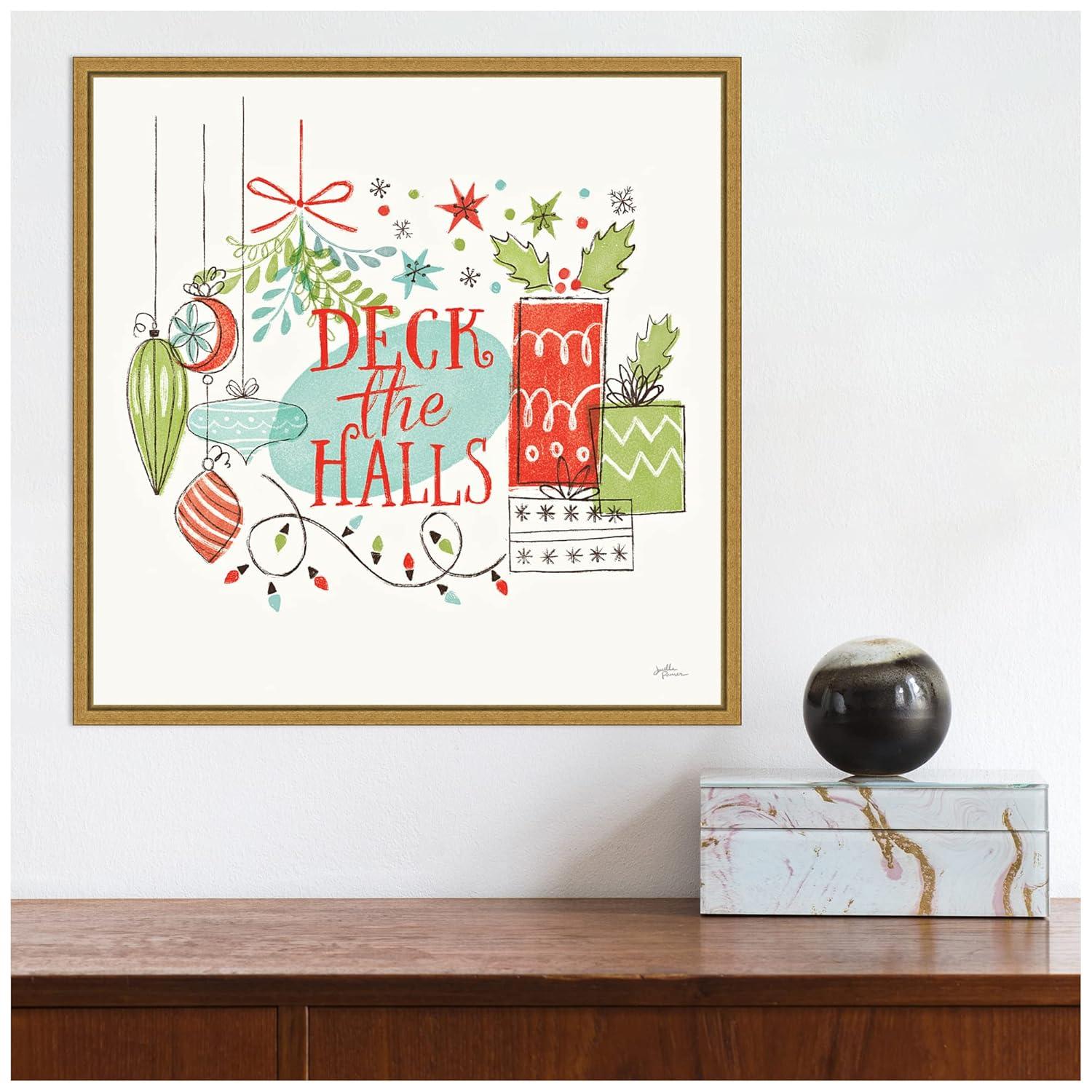 16" x 16" Deck the Halls Christmas Holly by Janelle Penner Framed Canvas Wall Art - Amanti Art