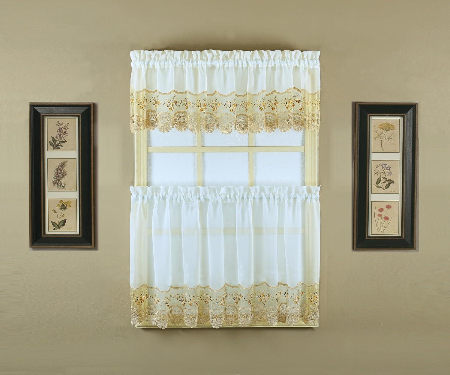 Ecru and Gold Floral Embroidered Sheer Valance 14" x 58"