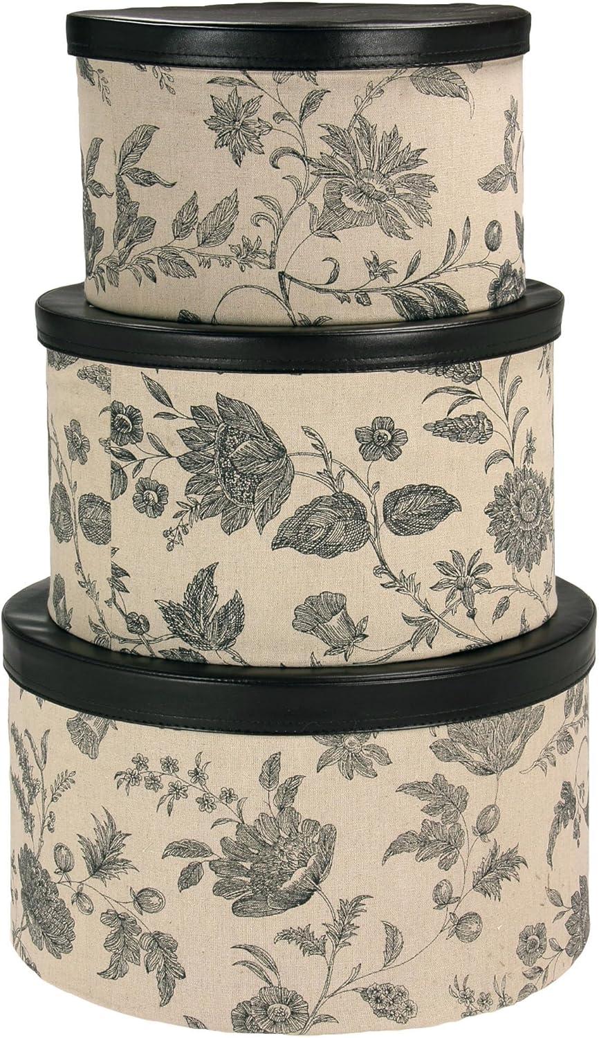 Round Hat Boxes with Lids, Detailed Floral Print with Faux Leather Lids, Large, Medium and Small, Black and Tan