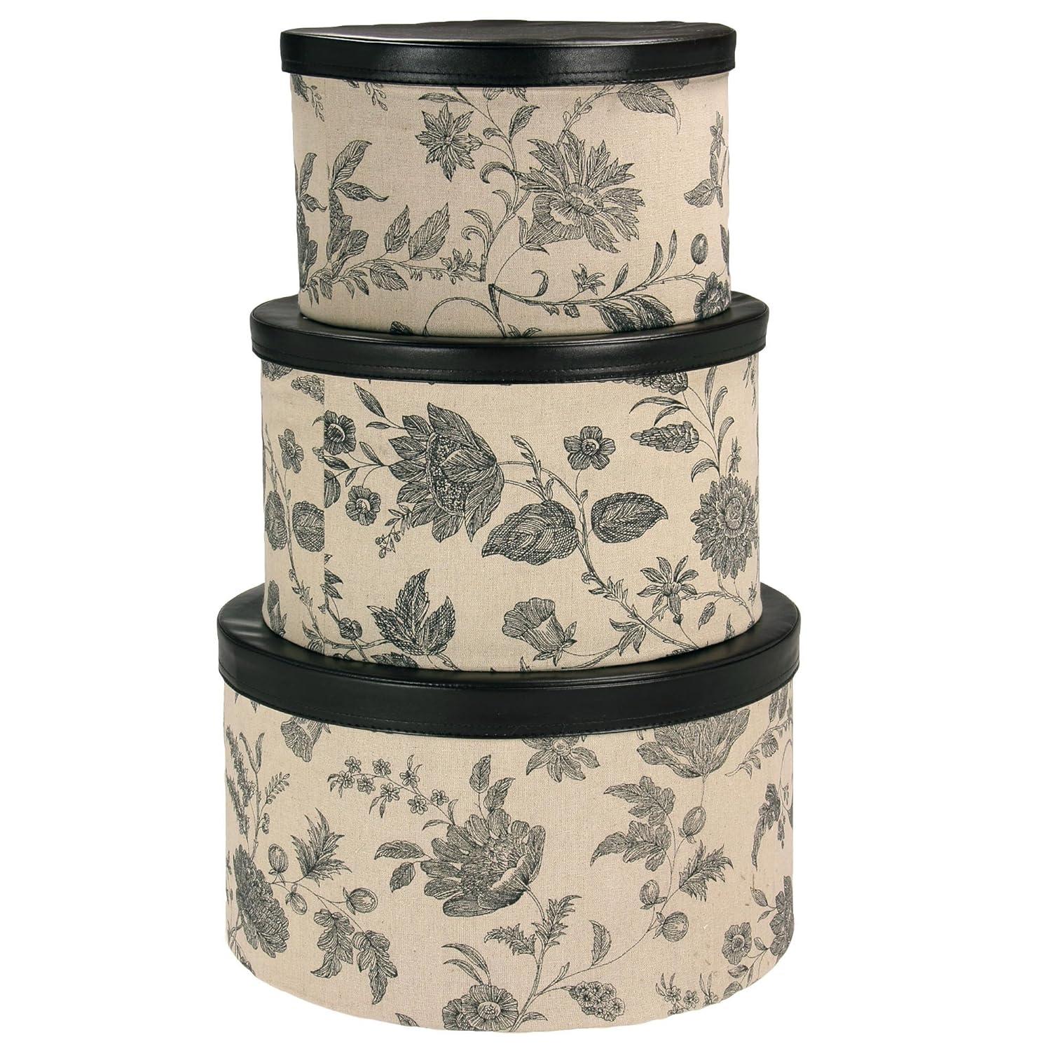 Round Hat Boxes with Lids, Detailed Floral Print with Faux Leather Lids, Large, Medium and Small, Black and Tan