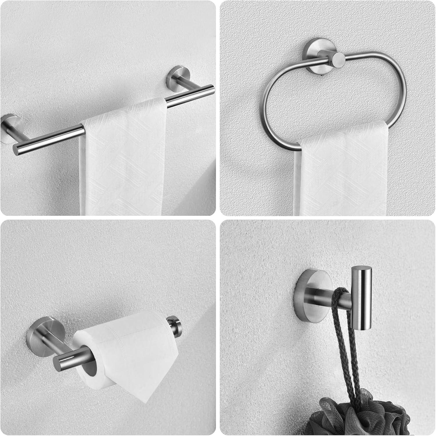 GYTF 7 PCS Bathroom Hardware Set, Silver Stainless Steel Bathroom Tower Rack Set Wall Mounted Includes 15" Towel Bar, Toilet Towel Paper Holder, Towel Ring, 4 Robe Towel Hooks