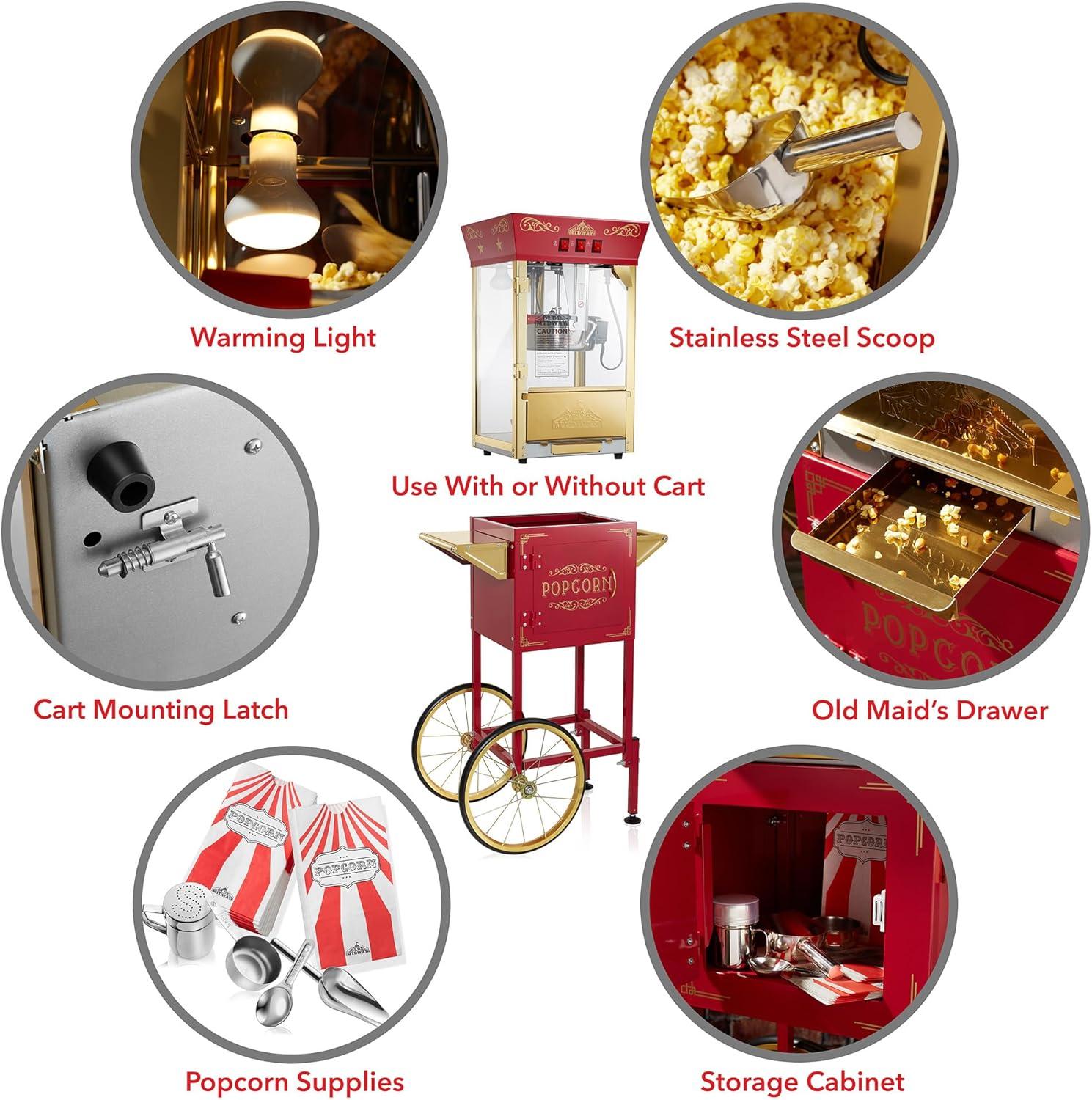 Olde Midway Movie Theater-Style Popcorn Machine Popper with Cart and 10 oz Kettle, Red