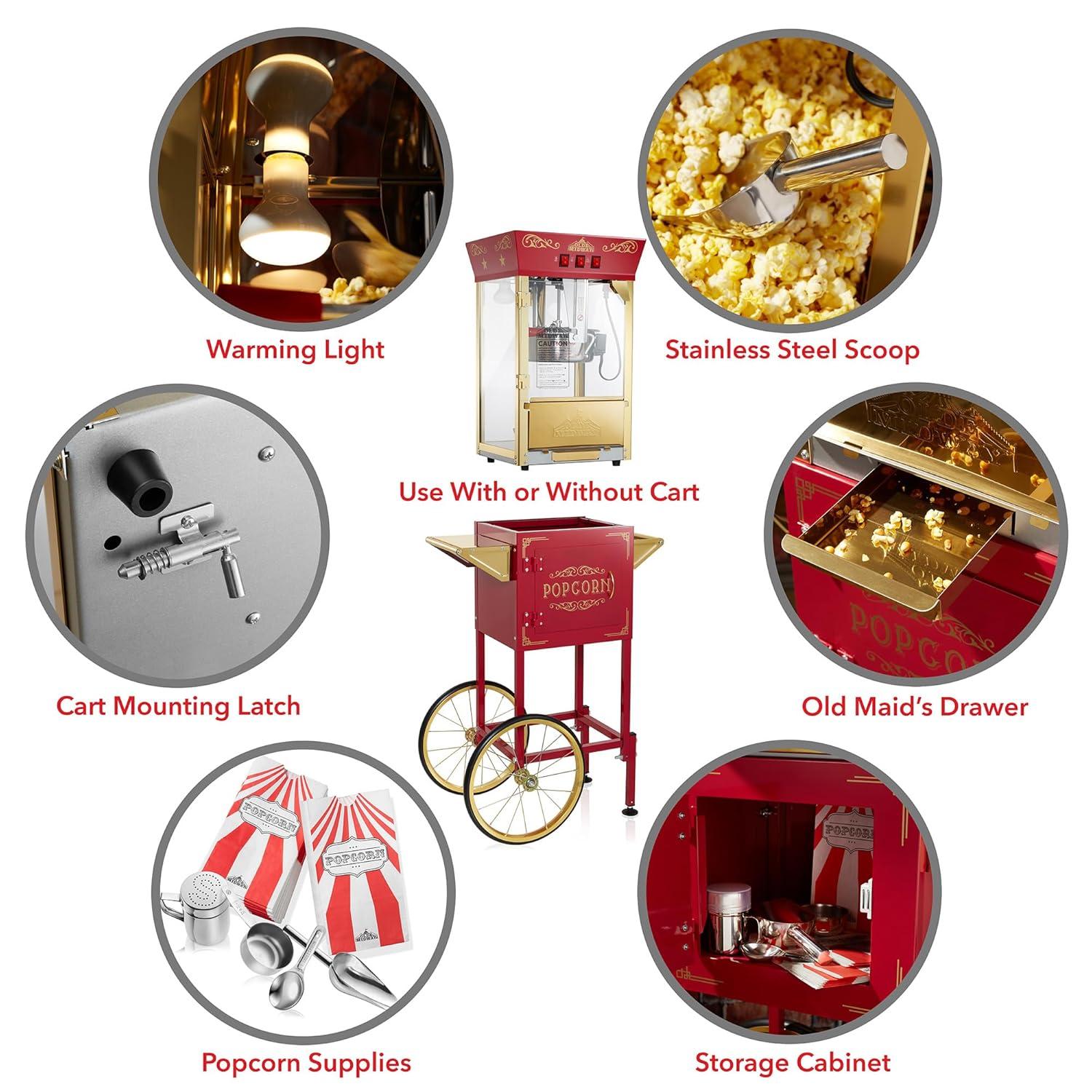Olde Midway Movie Theater-Style Popcorn Machine Popper with Cart and 10 oz Kettle, Red