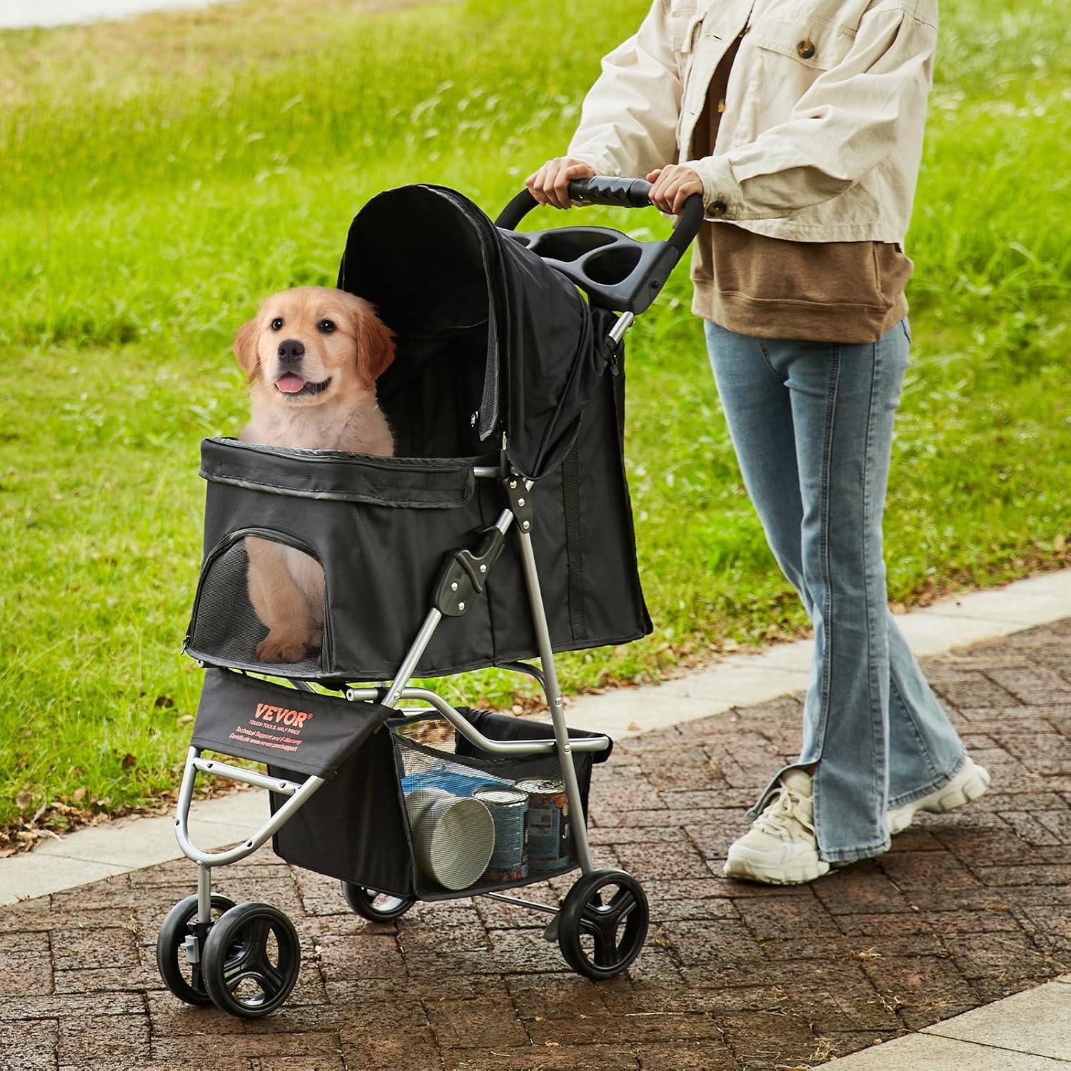 Black 3-Wheel Folding Pet Stroller with Storage Basket