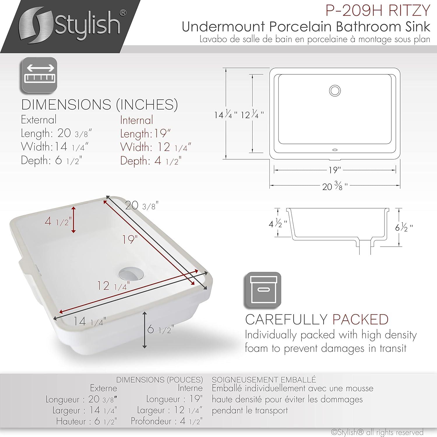 STYLISH Ritzy 20-3/8"L White Rectangular Undermount Bathroom Sink