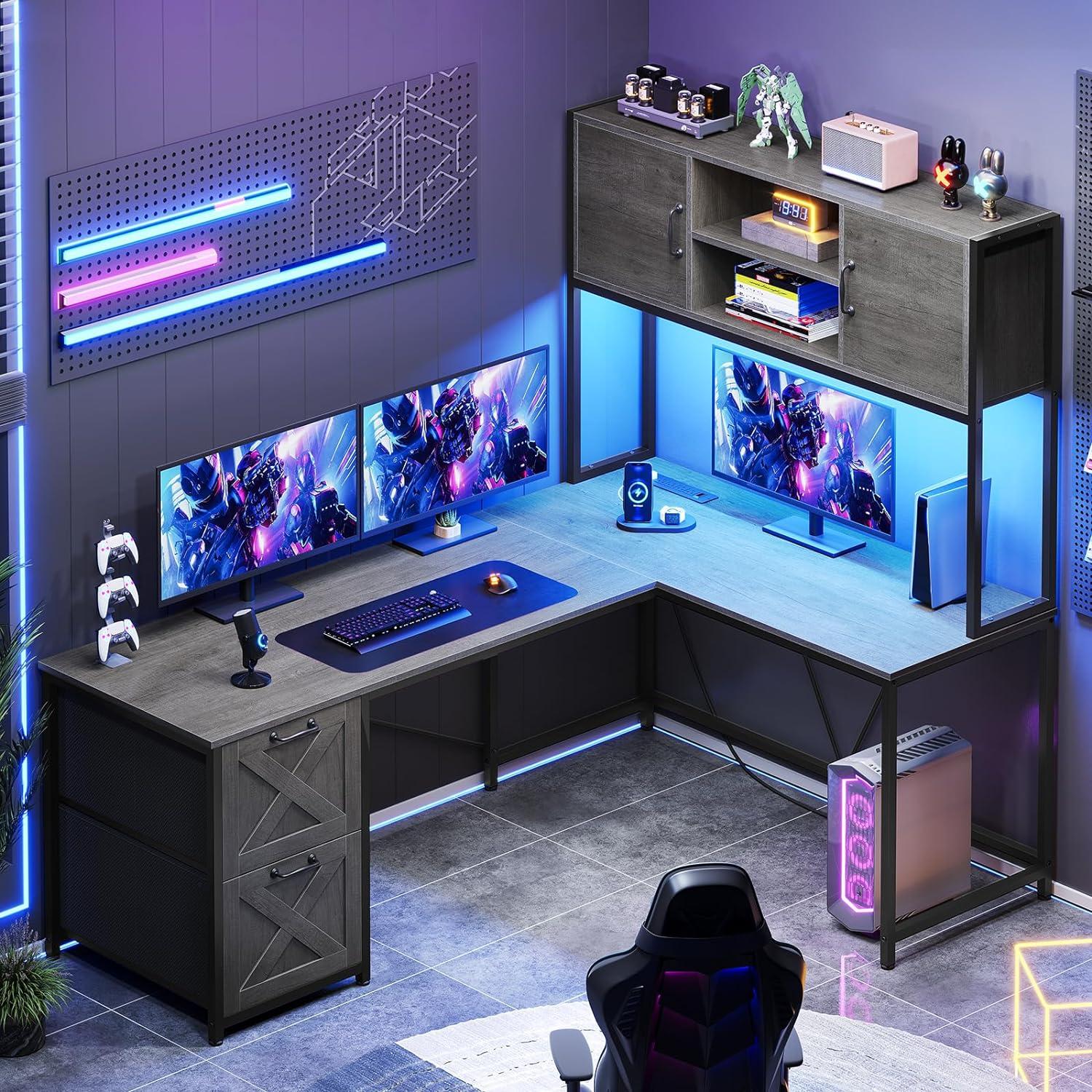 L-Shaped Computer Desk with LED Lights & Hutch & Pegboard, Reversible Gaming Desk with Monitor Stand & Drawers for Home Office, Black