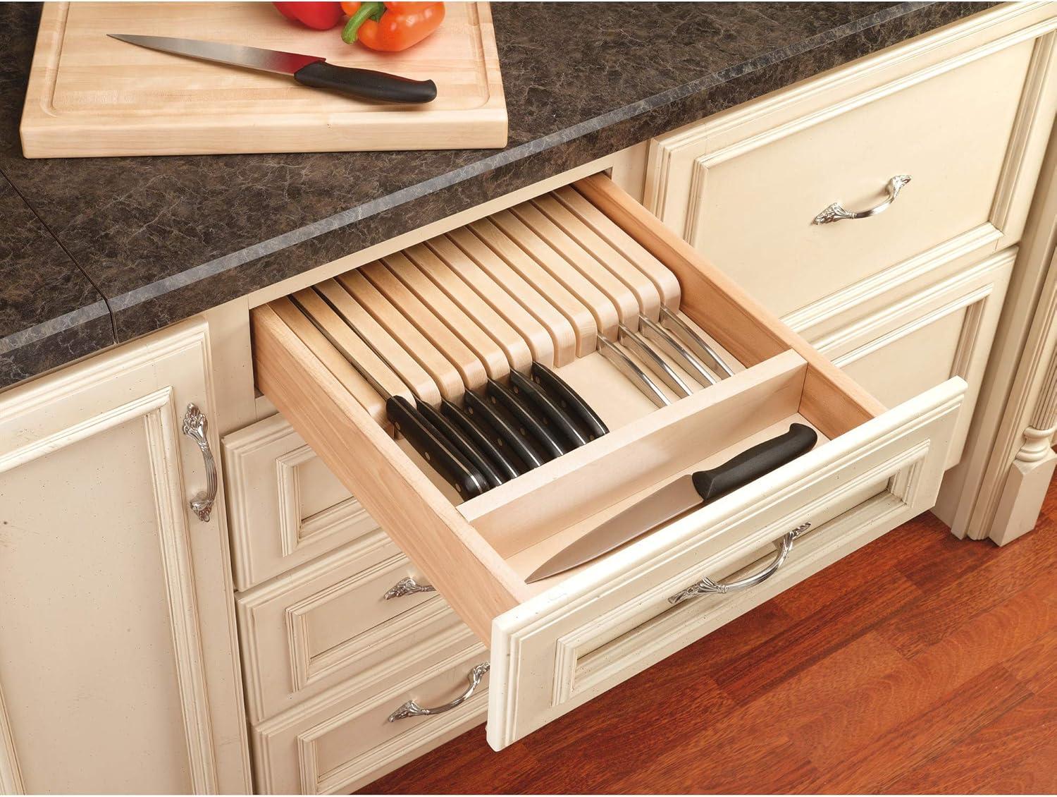 Rev-A-Shelf 4WDKB-1 2-Row Trimmable 55 Slot Knife Block Tray Kitchen Drawer Organizer Insert with Utensil Holder Tray