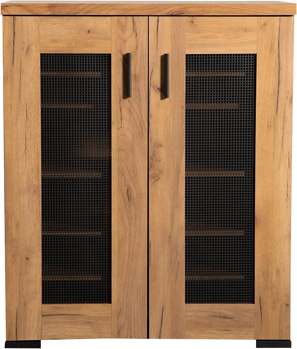 Golden Oak and Gunmetal Mesh Door Accent Cabinet