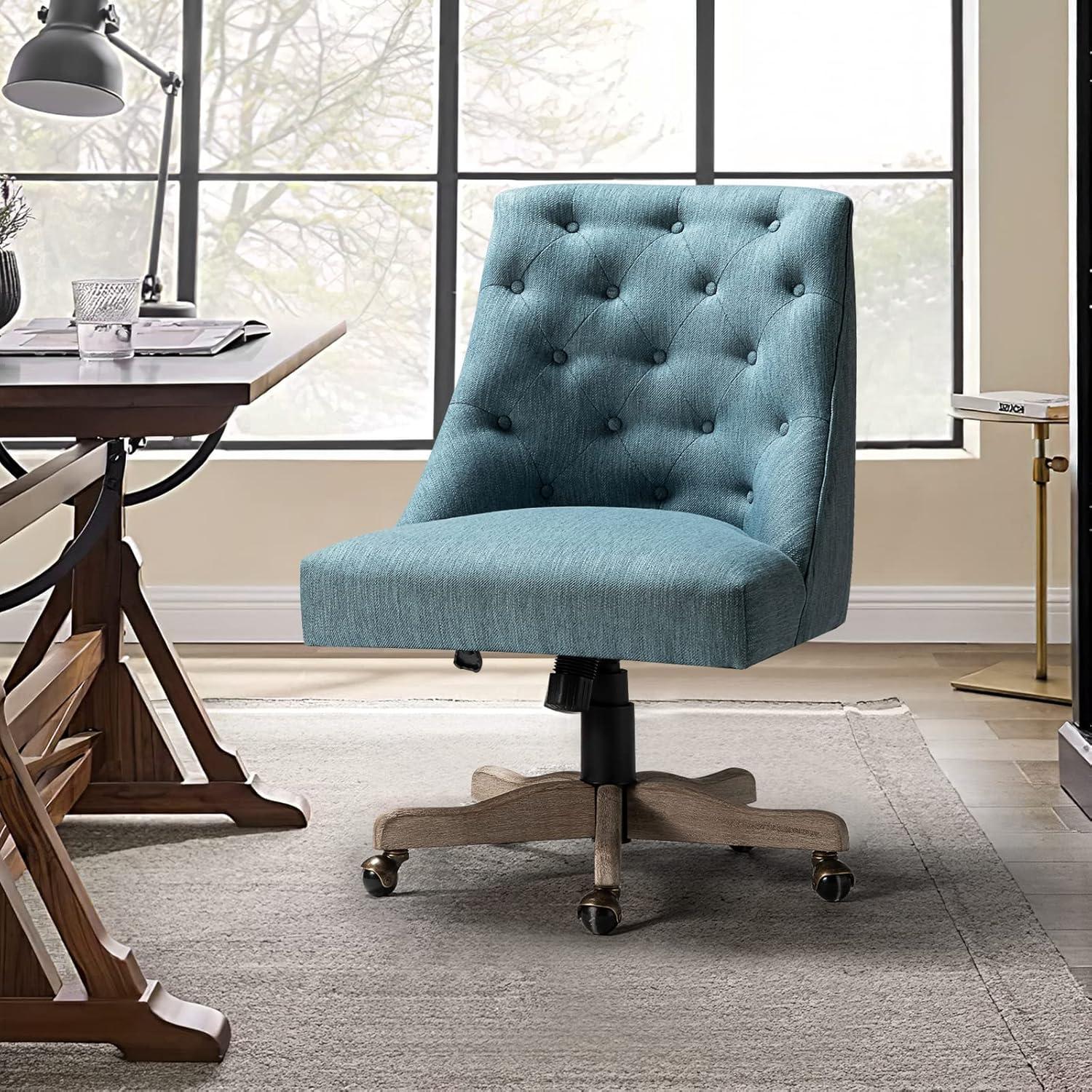 Swivel Office Chair with Tuft Back, Modern Armless Task Chair with Solid Wood Five-Pronged Base Blue