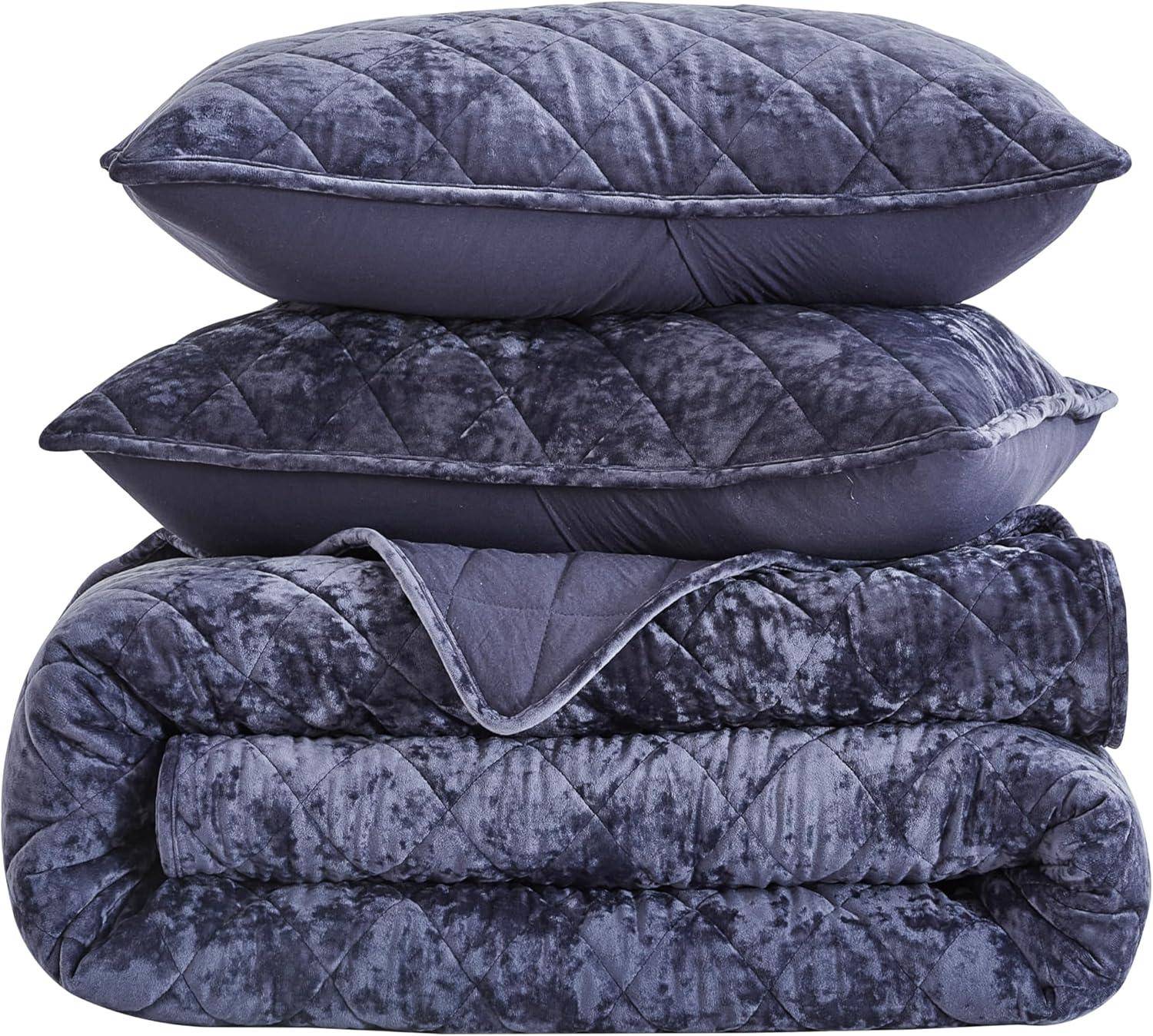 Fredsure Distressed Velvet Quilt Set, 3 Pieces Purple Queen, Distressed Velvet Face and Brushed Microfiber Reverse with Diamond Quilting