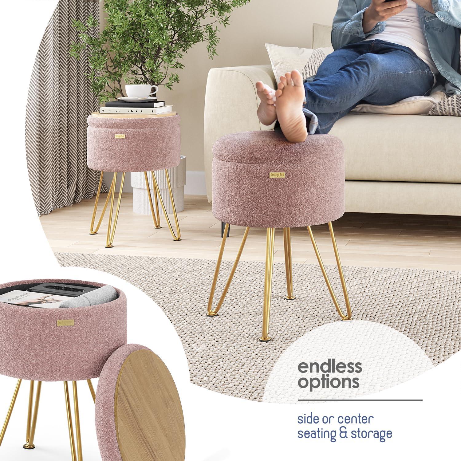 StorageBud Round Ottoman with Storage, Boucle Storage Ottoman, Modern Foot Stool Ottoman for Living Room and Bedroom, Pink/Gold Legs