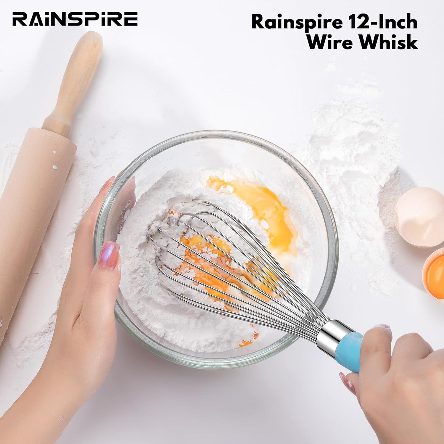 Stainless Steel Whisk - Balloon Kitchen Tool With Soft Silicone Handle Utensil For Blending, Beating - Azure-12 inch