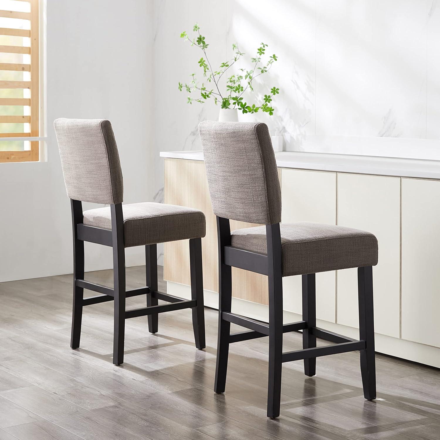 Leick Home Upholstered Back Counter Height Stool with Wood Base-Set of 2 Black and Gray Woven Fabric