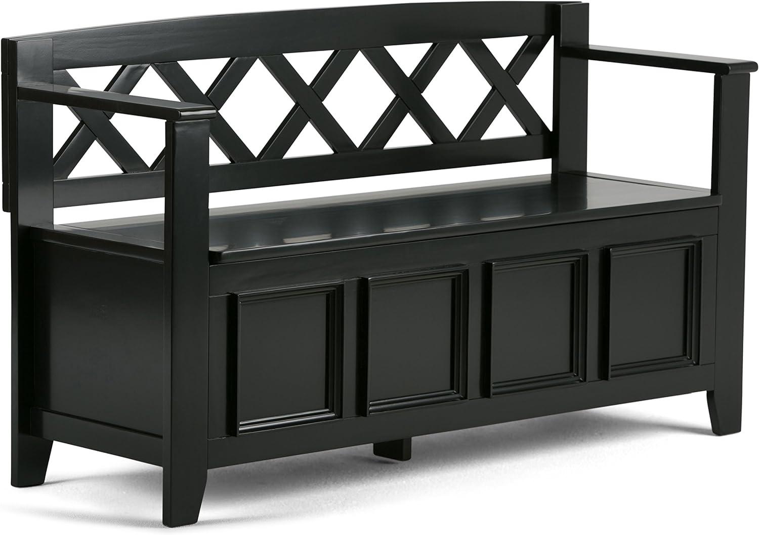 Elegant Black Solid Pine Wood Entryway Storage Bench with Dual Compartments