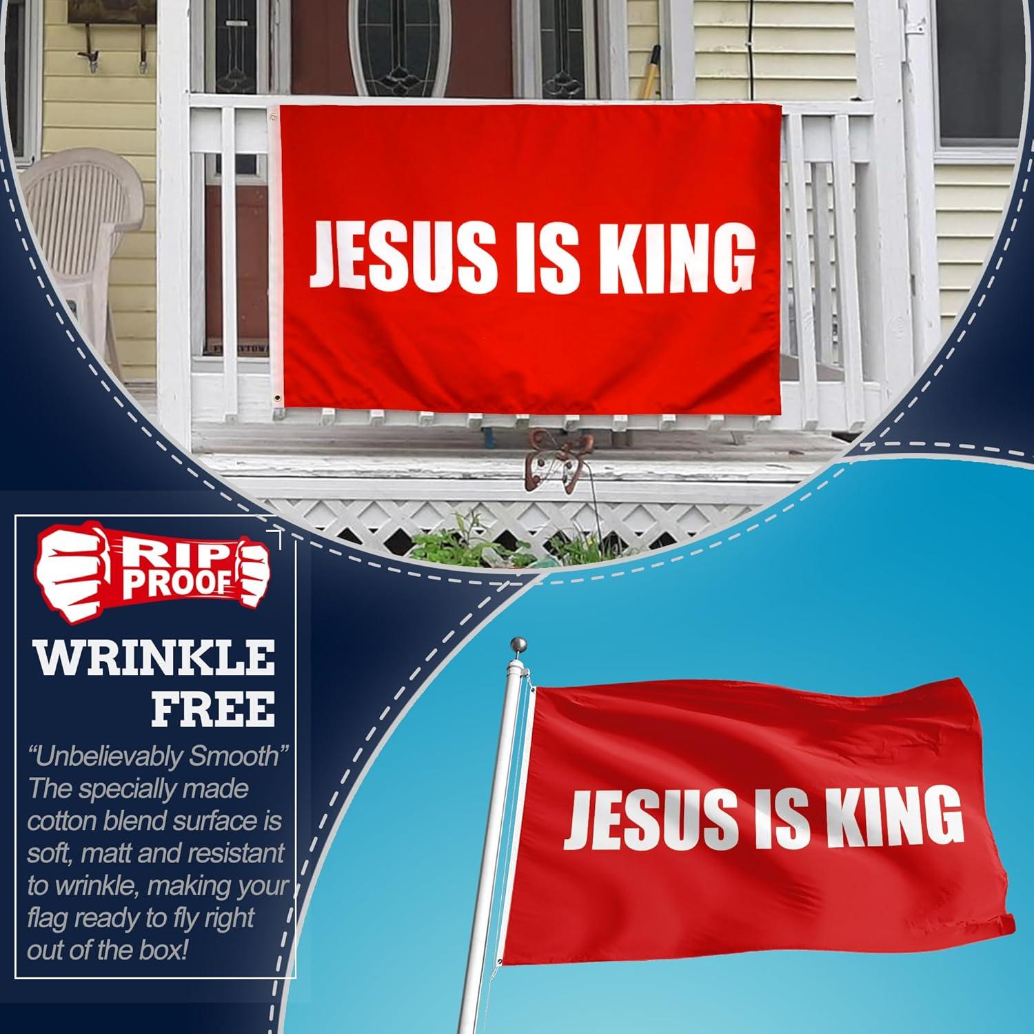 Rip-Proof Red and White Cotton Blend Jesus is King Flag 3x5 Foot