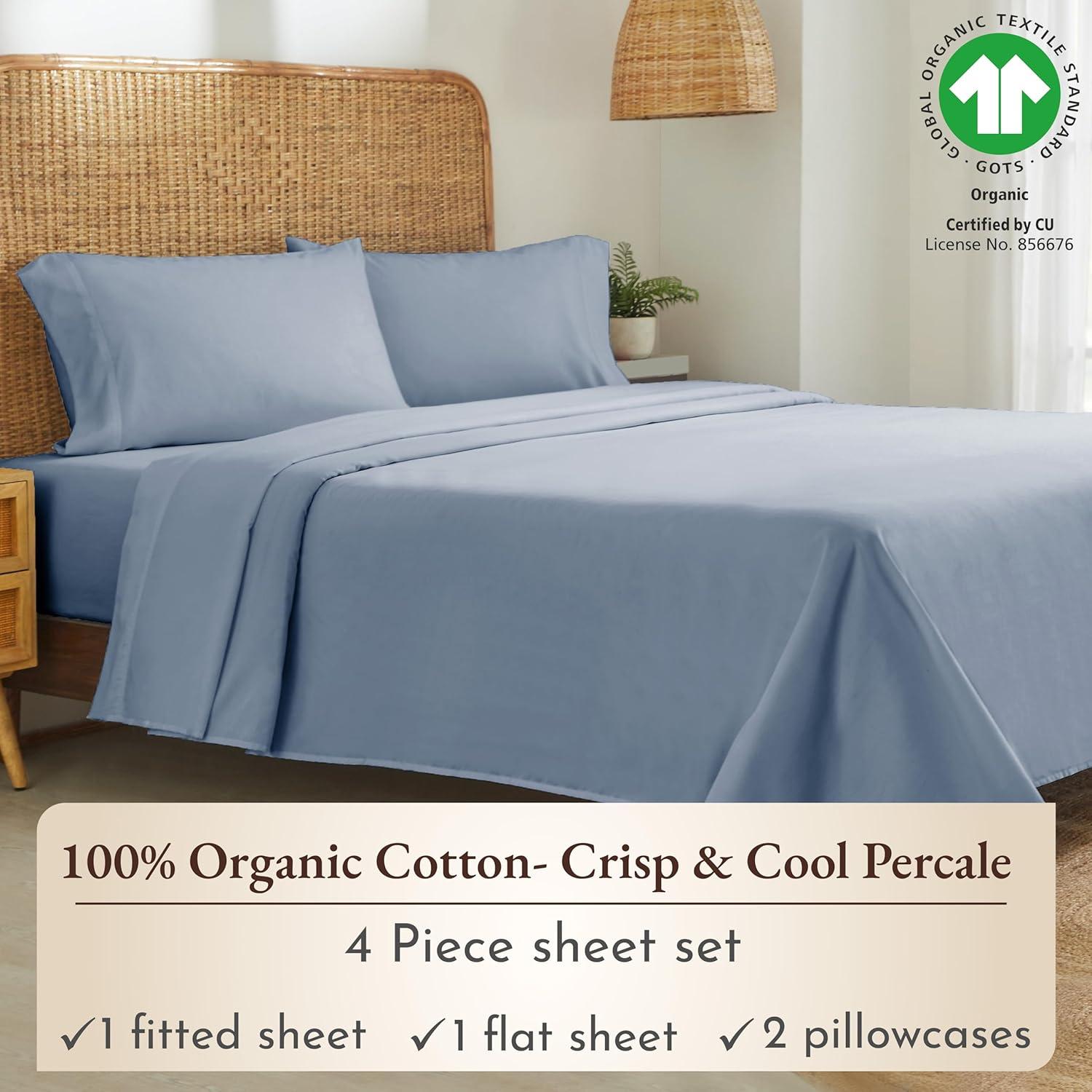 Queen Sheets Set, 100% Organic Cotton Percale, Blue Hydrangea Bed Sheets by California Design Den