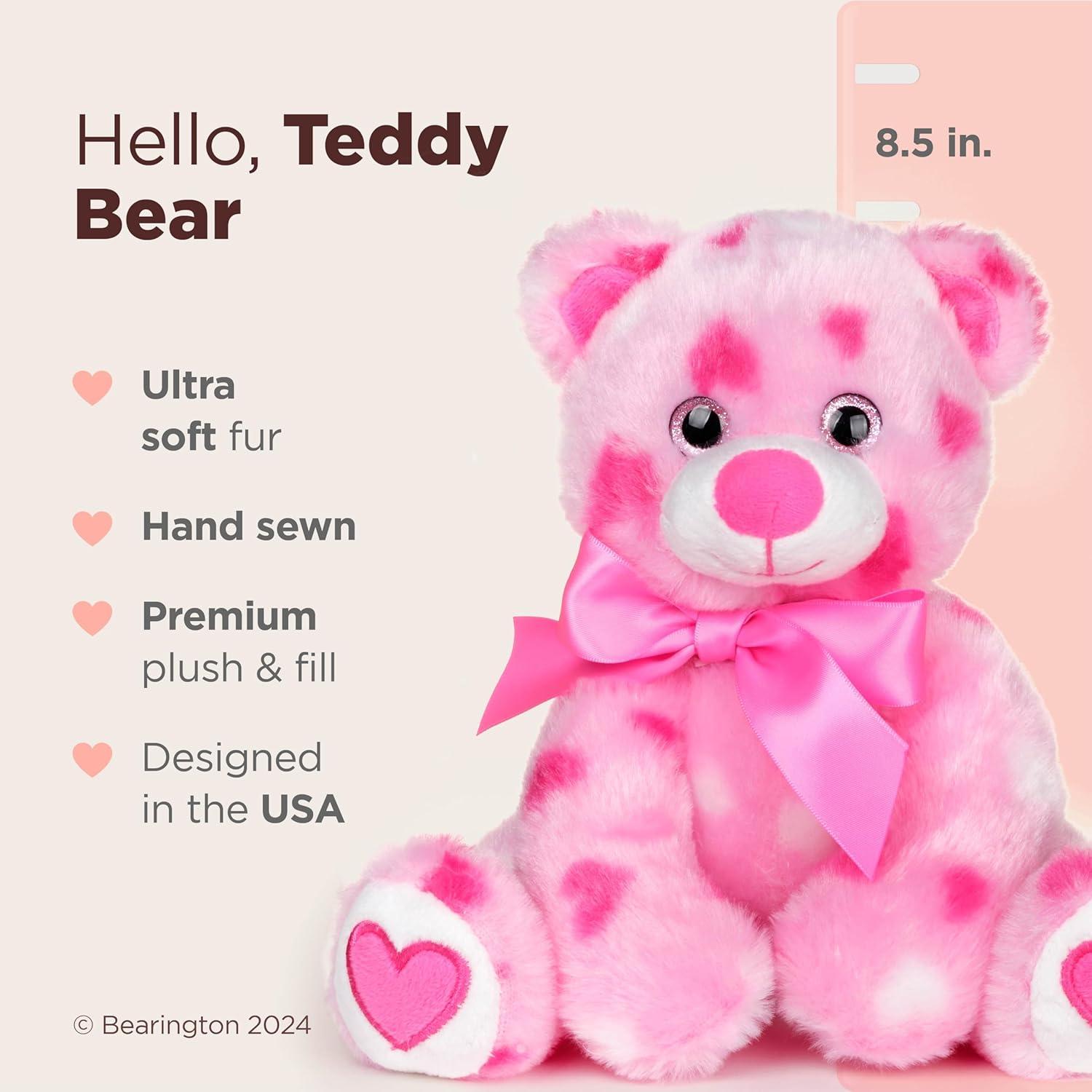 Bearington Pink Plush Stuffed Animal Teddy Bear with Hearts, 8.5 inches