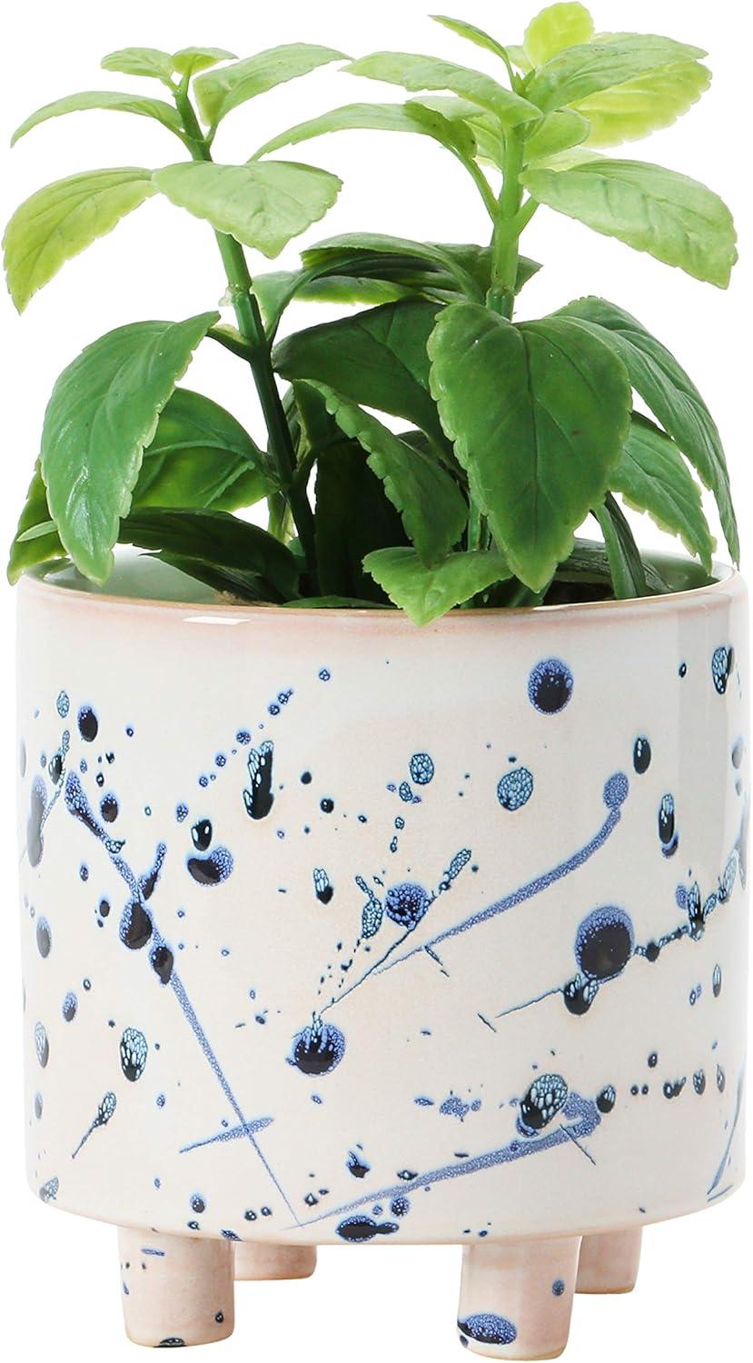 White and Blue Stoneware Footed Planter with Splatter Design