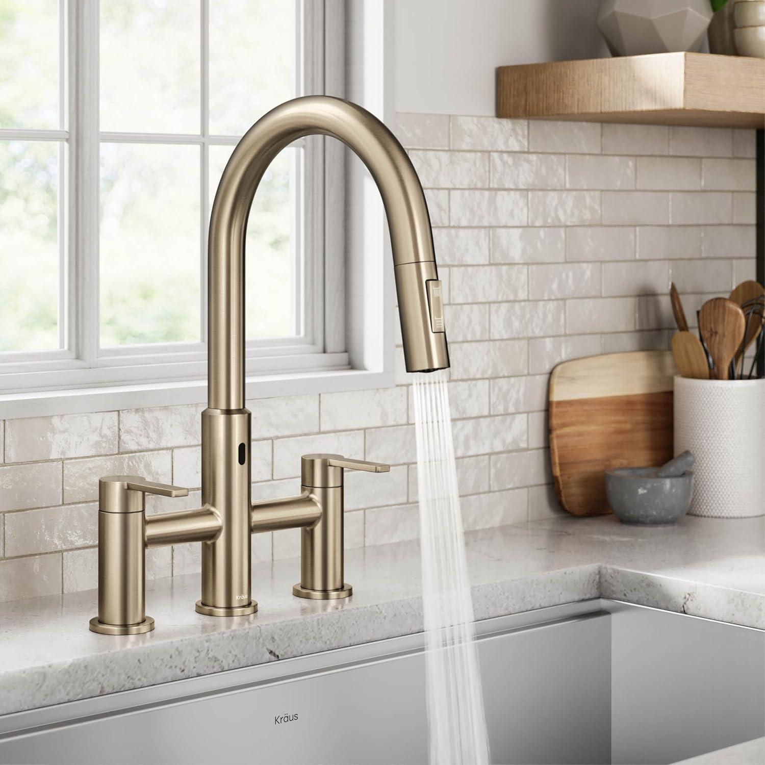 KRAUS Oletto Touchless Sensor Bridge Kitchen Faucet With Pull-Down Sprayhead