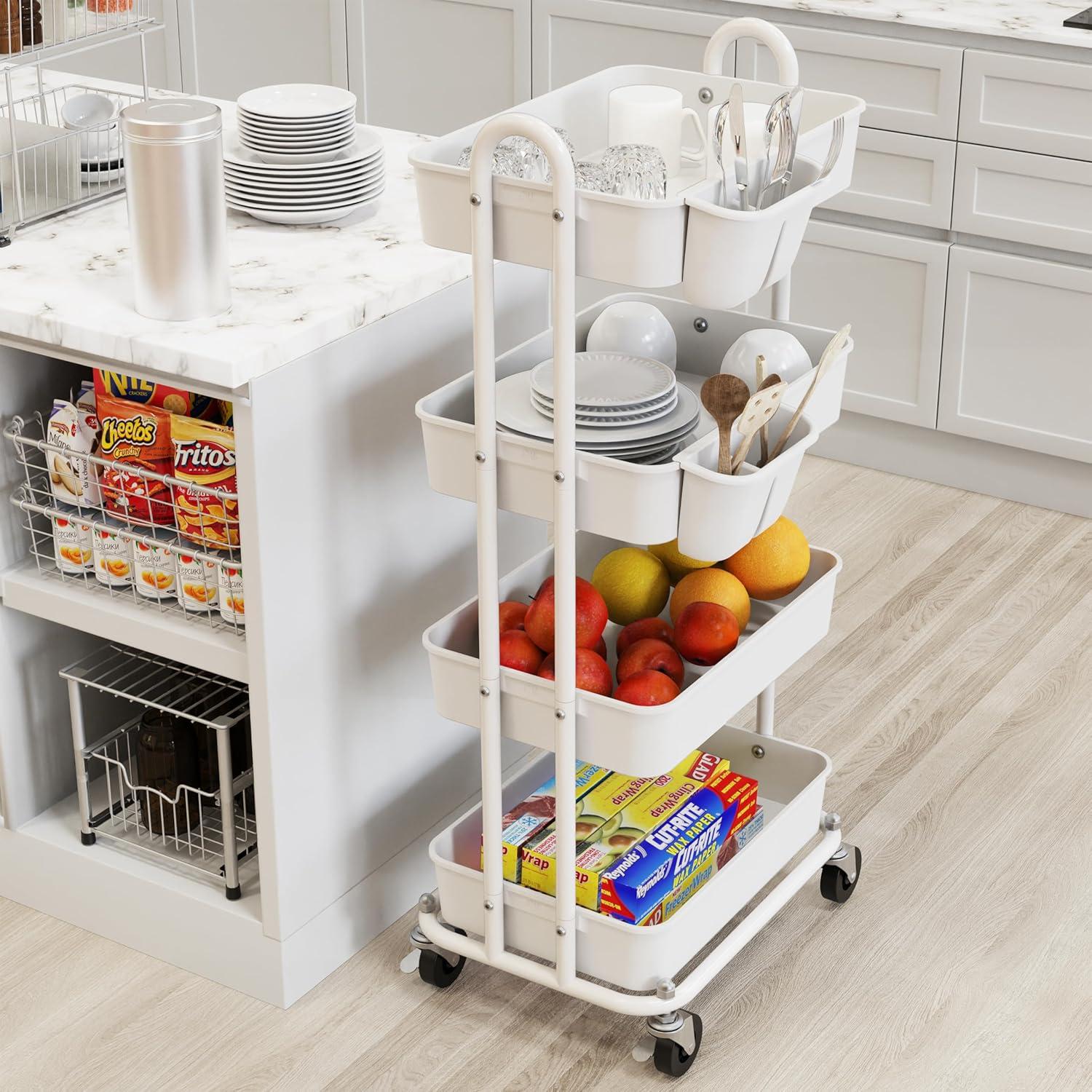 White Metal 4-Tier Utility Rolling Cart with Swivel Casters