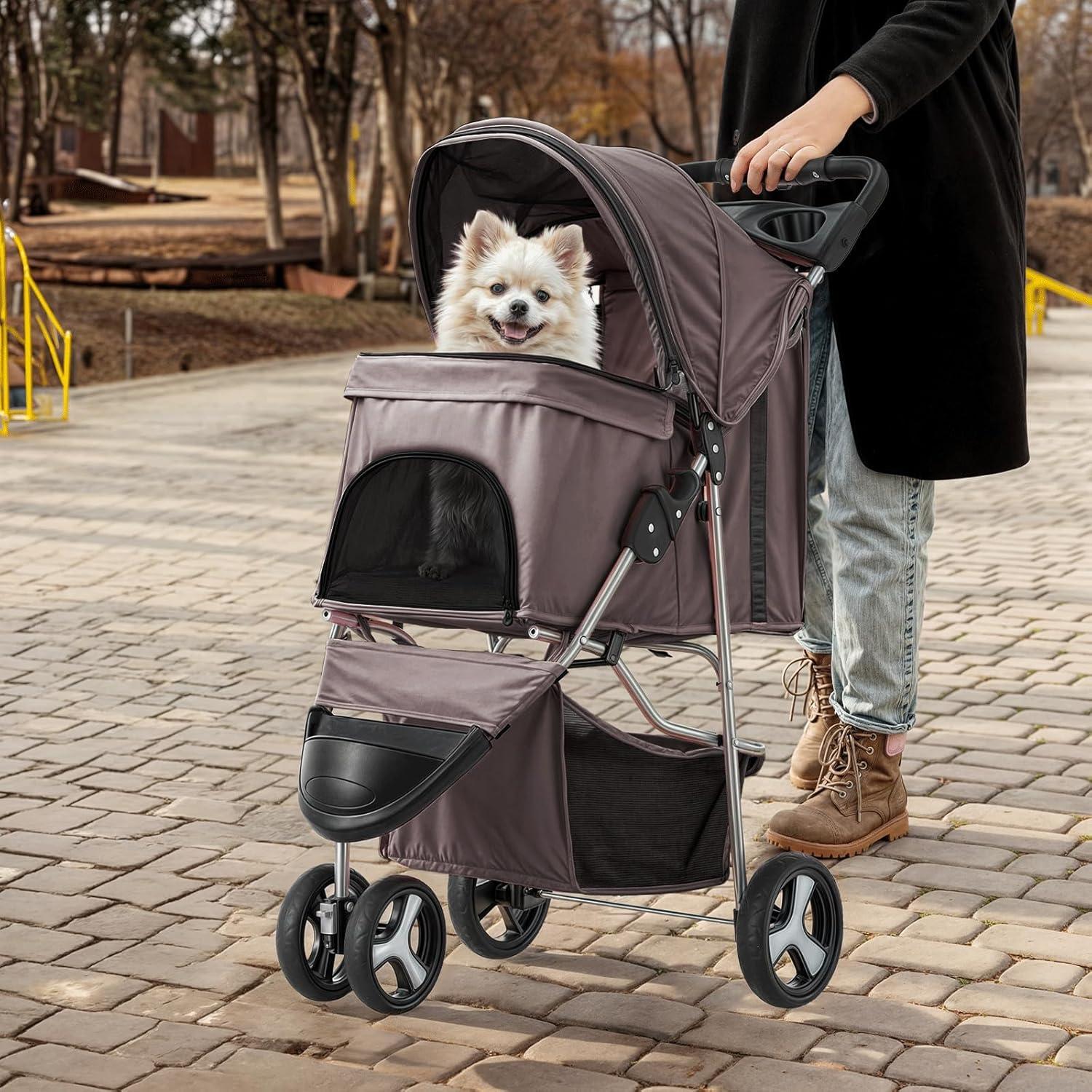 3 Wheel Folding Pet Stroller, Foldable Dog Jogger Stroller with Storage Basket, Cup Holder & Canopy