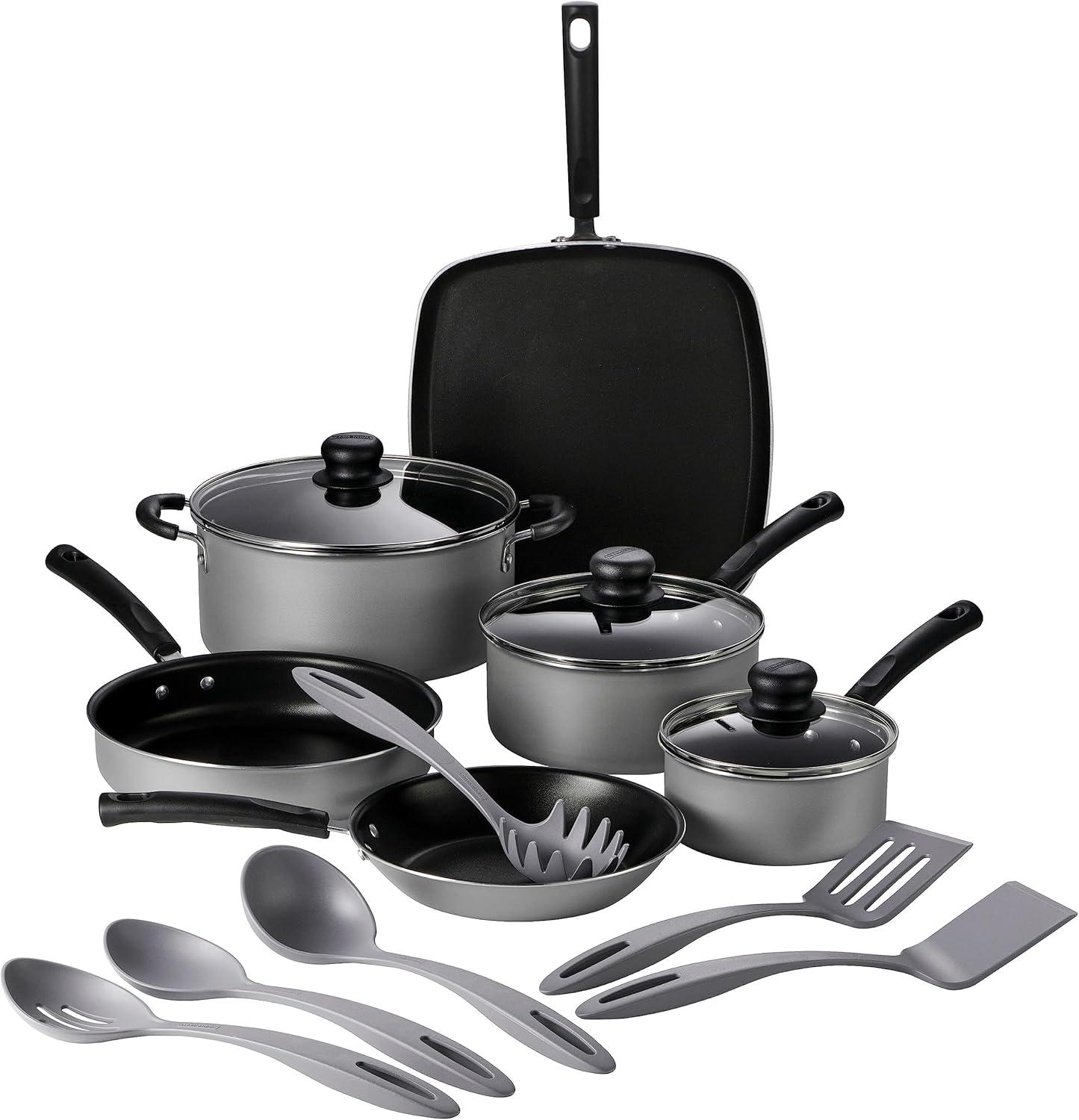 15-Piece Silver Nonstick Aluminum Cookware Set with Utensils