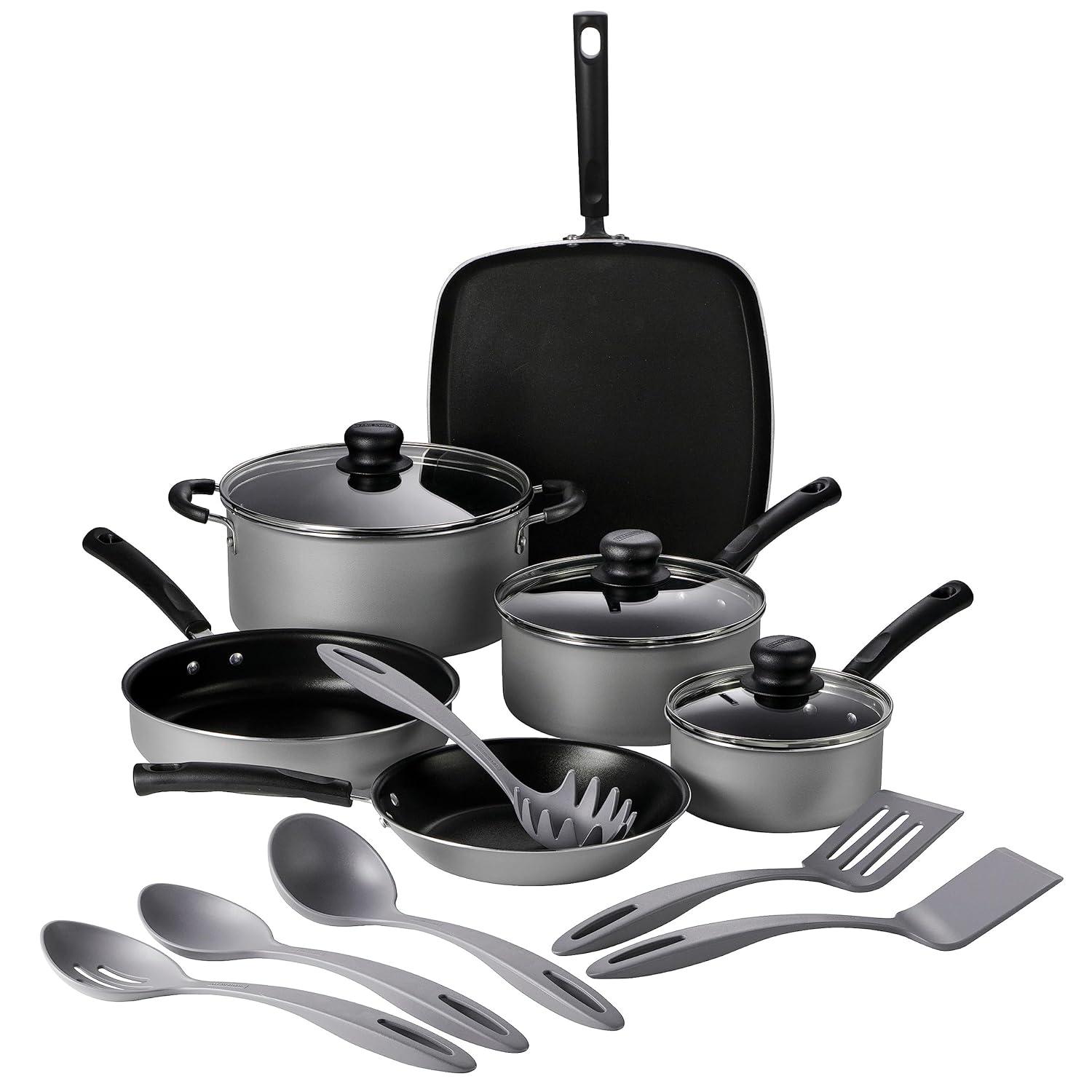 15-Piece Silver Nonstick Aluminum Cookware Set with Utensils
