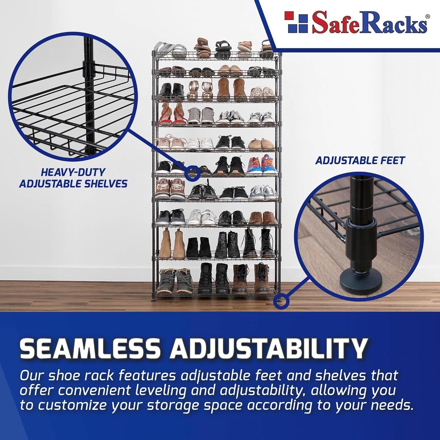 SafeRacks 10 Tier Stackable Steel Shoe Rack, 60 Shoe Pair Capacity, Black