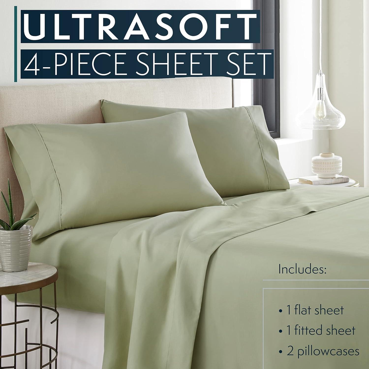 Hotel Luxury Bed Sheet & Pillowcase 4 Piece Set 1800 Series Egyptian Quality, Double Brushed Microfiber, King, Sage