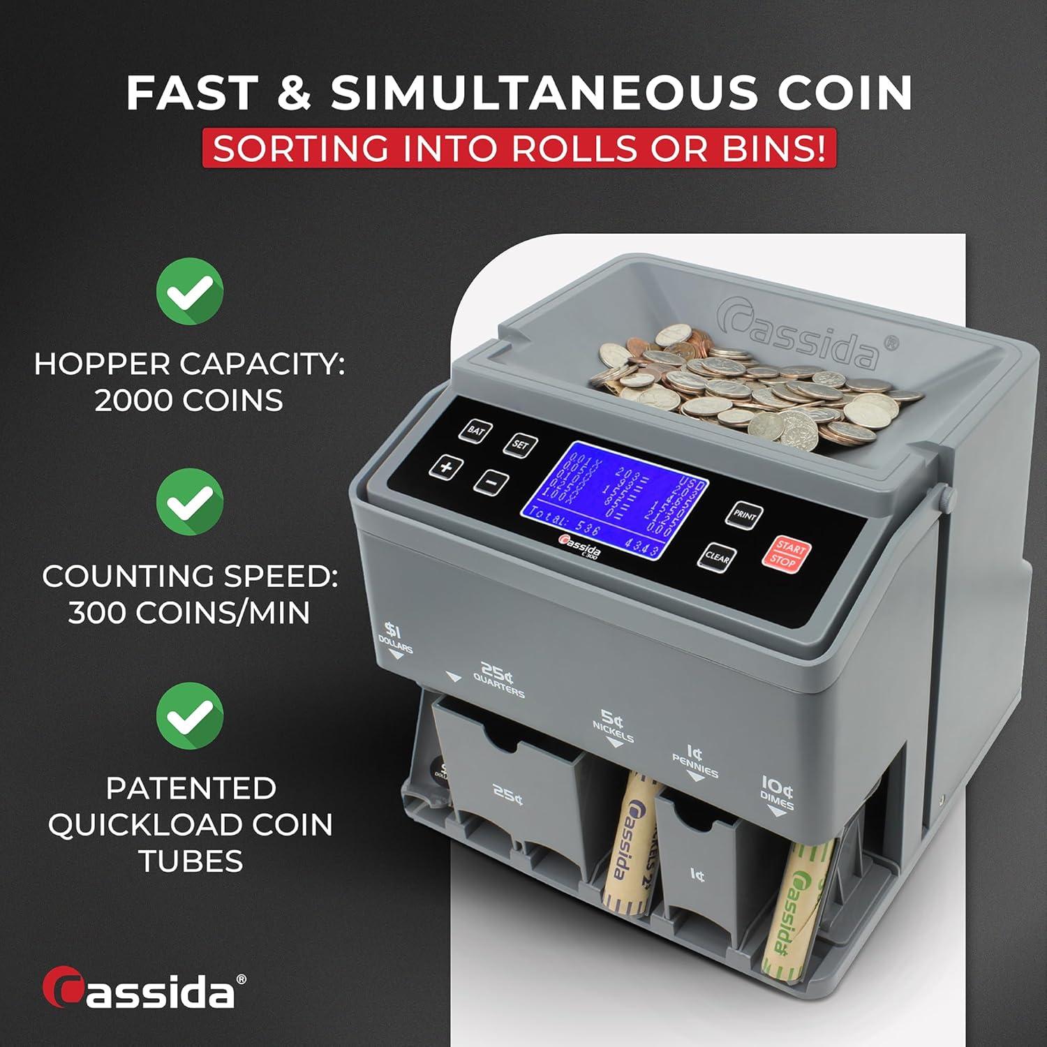 Cassida C300 Coin Counter/Sorter with a 300 Coins Per Minute Speed | Printing Compatible | Quickload Technology