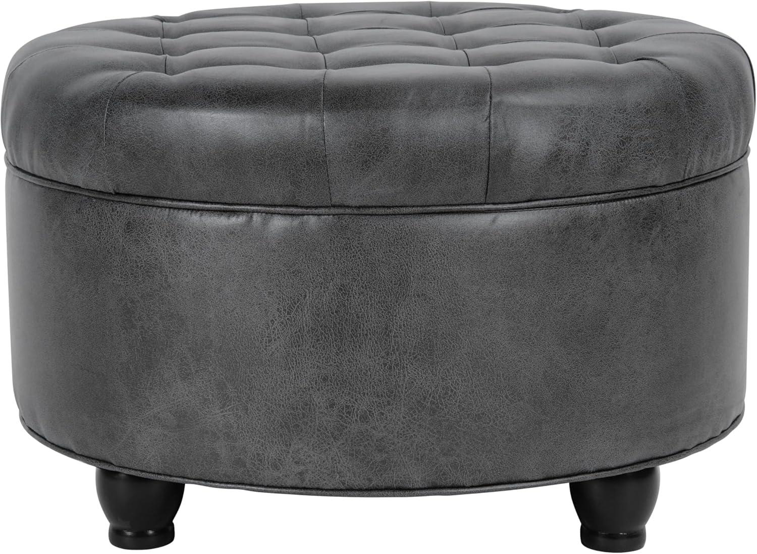 Large Tufted Round Storage Ottoman Faux Leather Gray - HomePop: Modern Upholstered Bench with Hardwood Frame