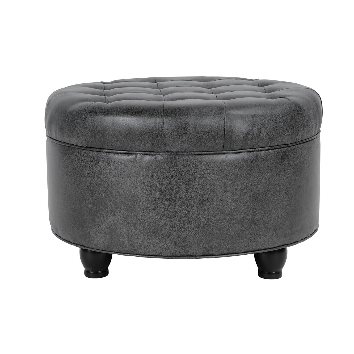 Large Tufted Round Storage Ottoman Faux Leather Gray - HomePop: Modern Upholstered Bench with Hardwood Frame