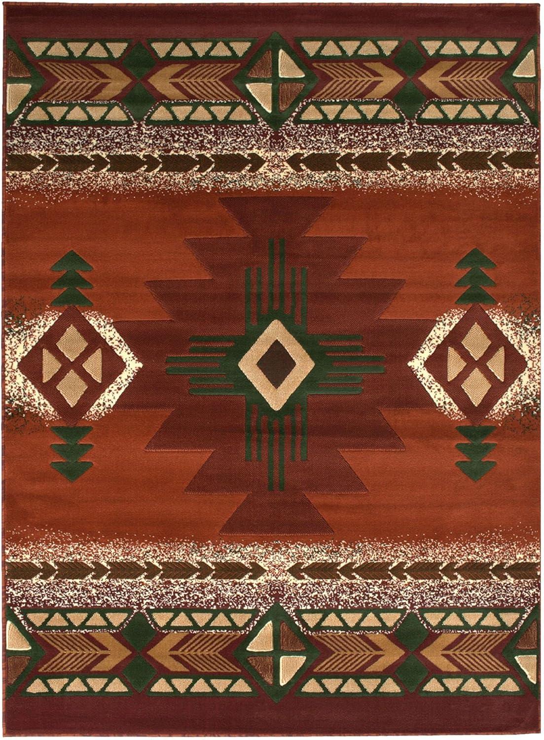 Rust and Green Geometric Synthetic 5' x 7' Area Rug