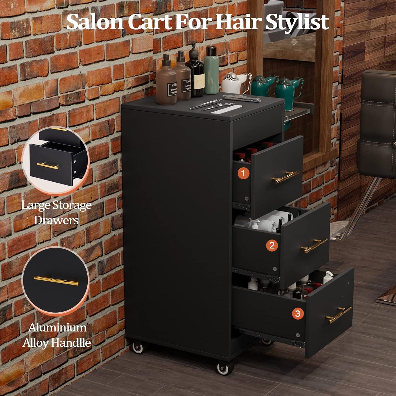 Salon Trolley Cart with Wheels, Wooden Hair Storage Cabinet, Stylist Cart Mobile Hairdressing Barber Station for Beauty Spa Barbershop, 3 Large Drawers, 3 Hot Tool Holders, Black