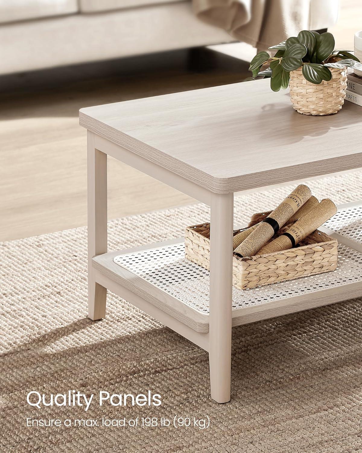 VASAGLE 2-Tier Coffee Table for Living Room, Rectangular Living Room Table, with PVC Rattan Storage Shelf, Rounded Corners, Easy Assembly, Boho Style, 21.7 x 39.4 x 17.7 Inches, Oak Beige ULCT240Y57