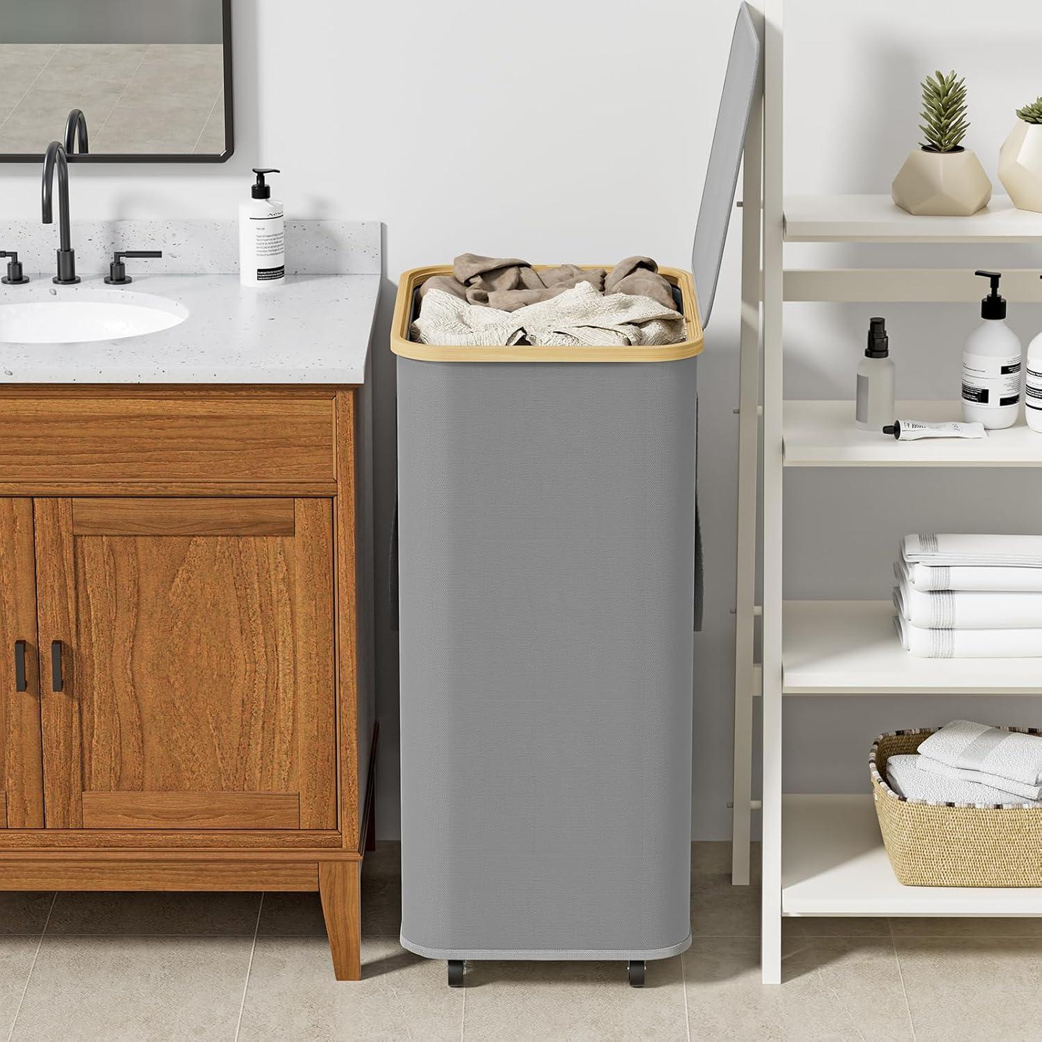 Efluky Laundry Basket with Lid and Removable Bag, 100L Tall Laundry Hamper with Bamboo Handles, Aesthetic Dirty Clothes Bin for Laundry Room, Bathroom, Bedroom and Dorm,Grey