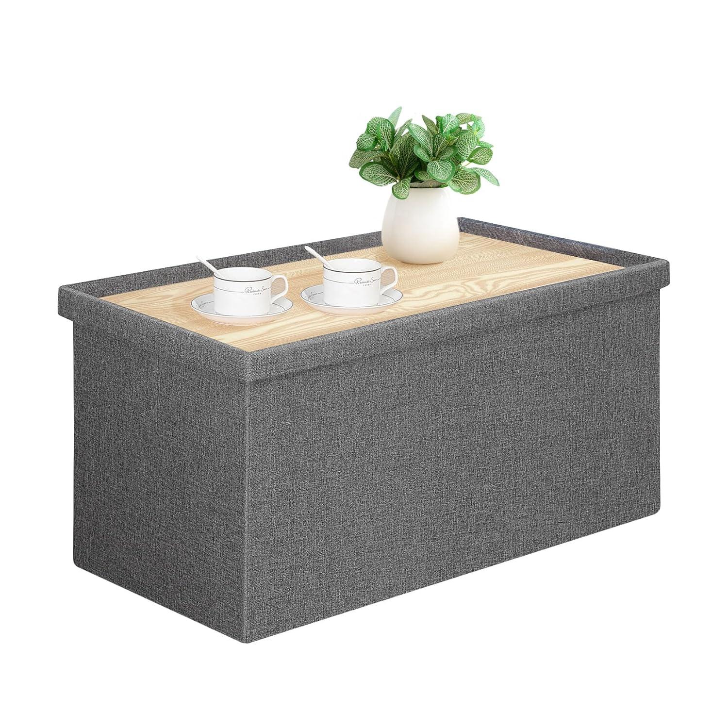 Folding Storage Ottoman Bench, Grey Storage Ottoman with Lid Tray, 30 inches Ottoman Coffee Table Cube Chair Foot Rest Stool Storage Toy Chest for Living Room Bedroom, Holds up to 550 lb